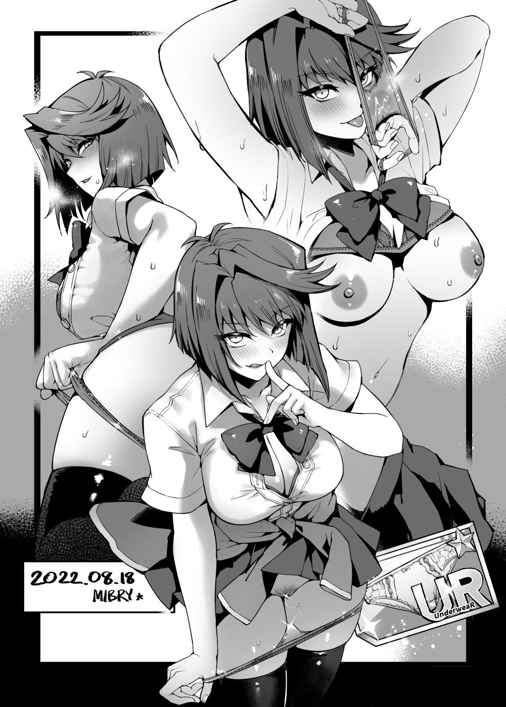 anzu mazaki, ass, bangs, big breasts, bra, bra lift, breasts, cleavage, female, flashing, flashing pussy, greyscale, human, looking at viewer, looking back, looking back at viewer, mazaki anzu, mibry (phrysm), monochrome, nipples, panties, panties down, pubic hair, pussy, pussy juice, pussy juice stain, school uniform, skirt, solo, solo female, sweat, sweatdrop, tea gardner, thighhighs, tongue, tongue out, vagina, yu-gi-oh!