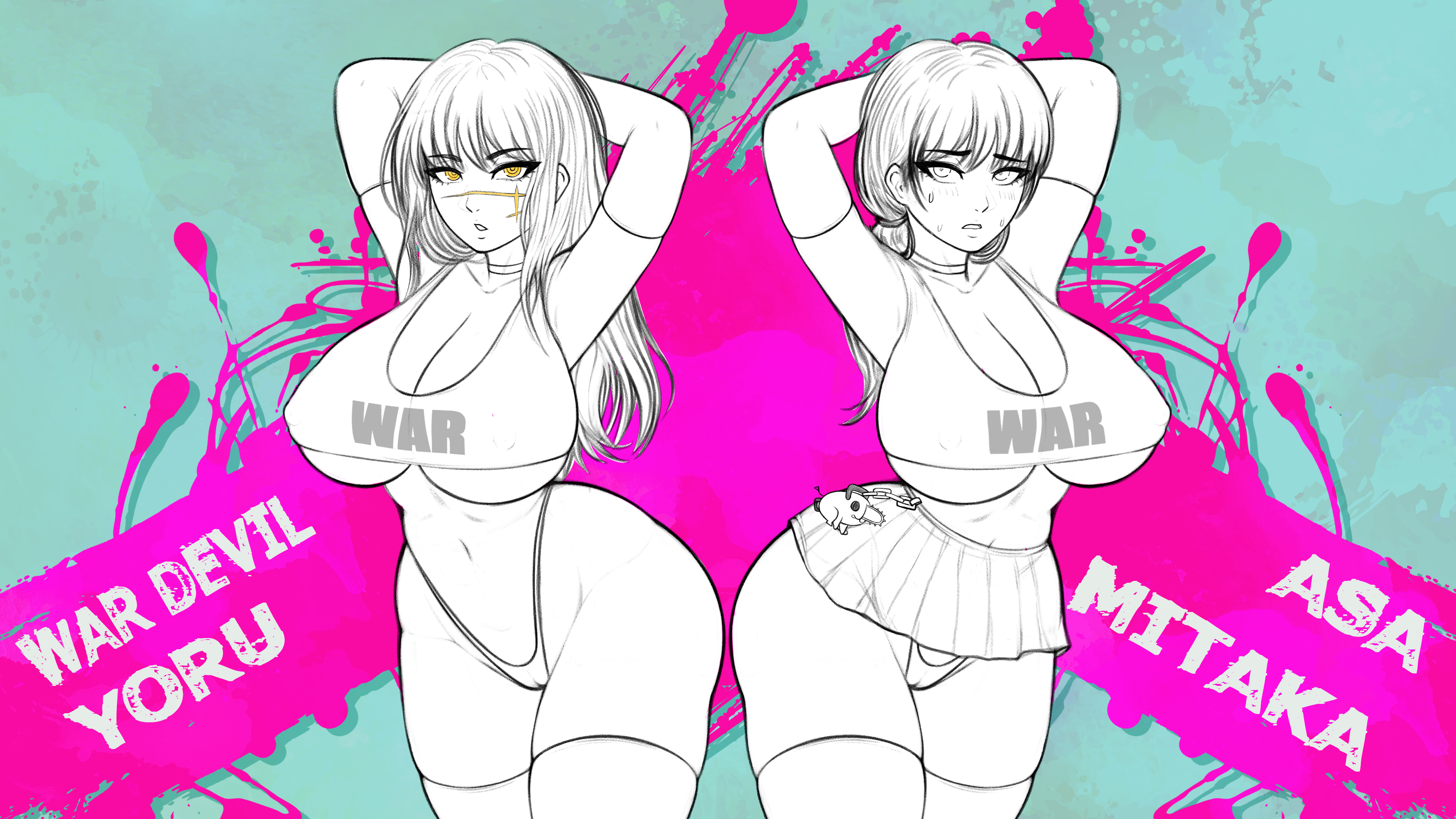 2girls, armpits, armwear, big breasts, breasts, chainsaw man, english text, eye contact, facial scar, female, female only, huge breasts, legwear, long hair, looking at viewer, miniskirt, mitaka asa, nowajoestar, ponytail, scar, skirt, text, thick thighs, thighhighs, thighs, thong, wide hips, yoru (chainsaw man)