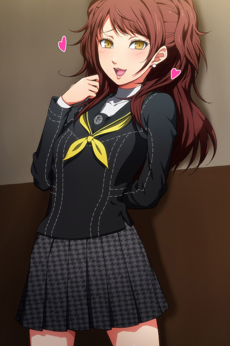 against_wall atlus bangs blush brown_hair color hairu heart kujikawa_rise looking_at_viewer medium_breasts persona persona_4 school school_uniform schoolgirl tagme tougen_shokken yasogami_school_uniform yellow_eyes