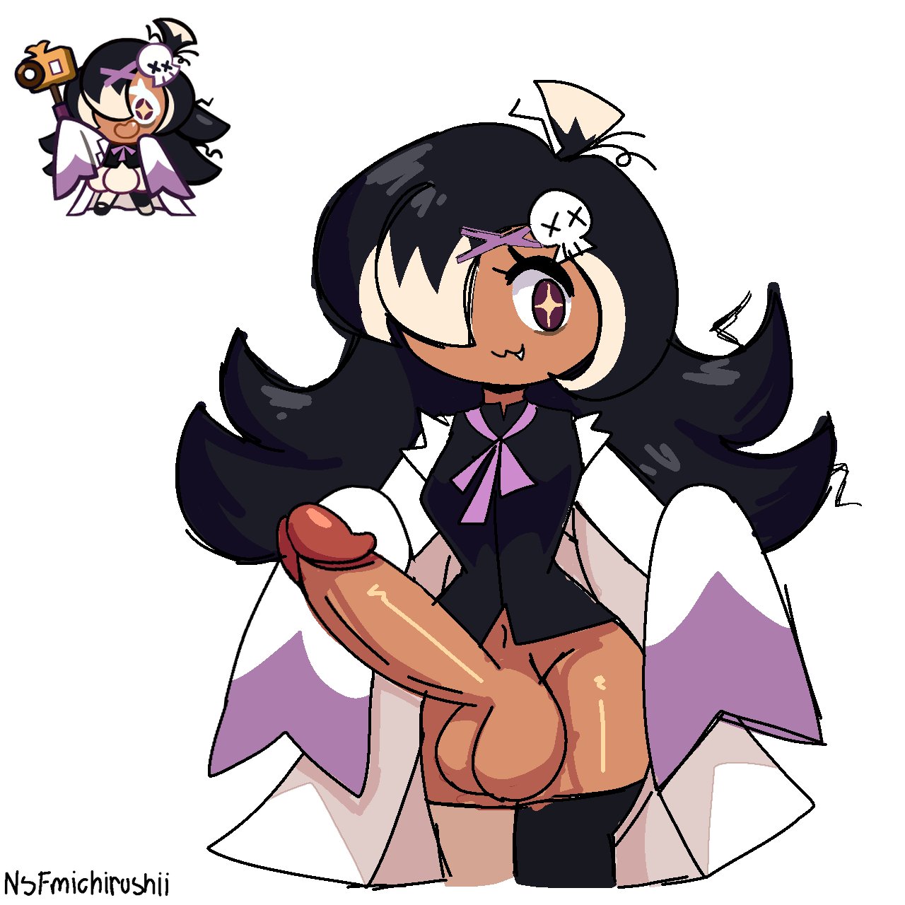:3, 1futa, balls, bean smile, big balls, black garlic cookie, black hair, bottomless, breasts, clothed, clothing, cookie run, erection, fangs, futa only, futanari, huge cock, humanoid, humanoid penis, intersex, nsfmichirushii, partially clothed, penis, solo, standing, thighhighs