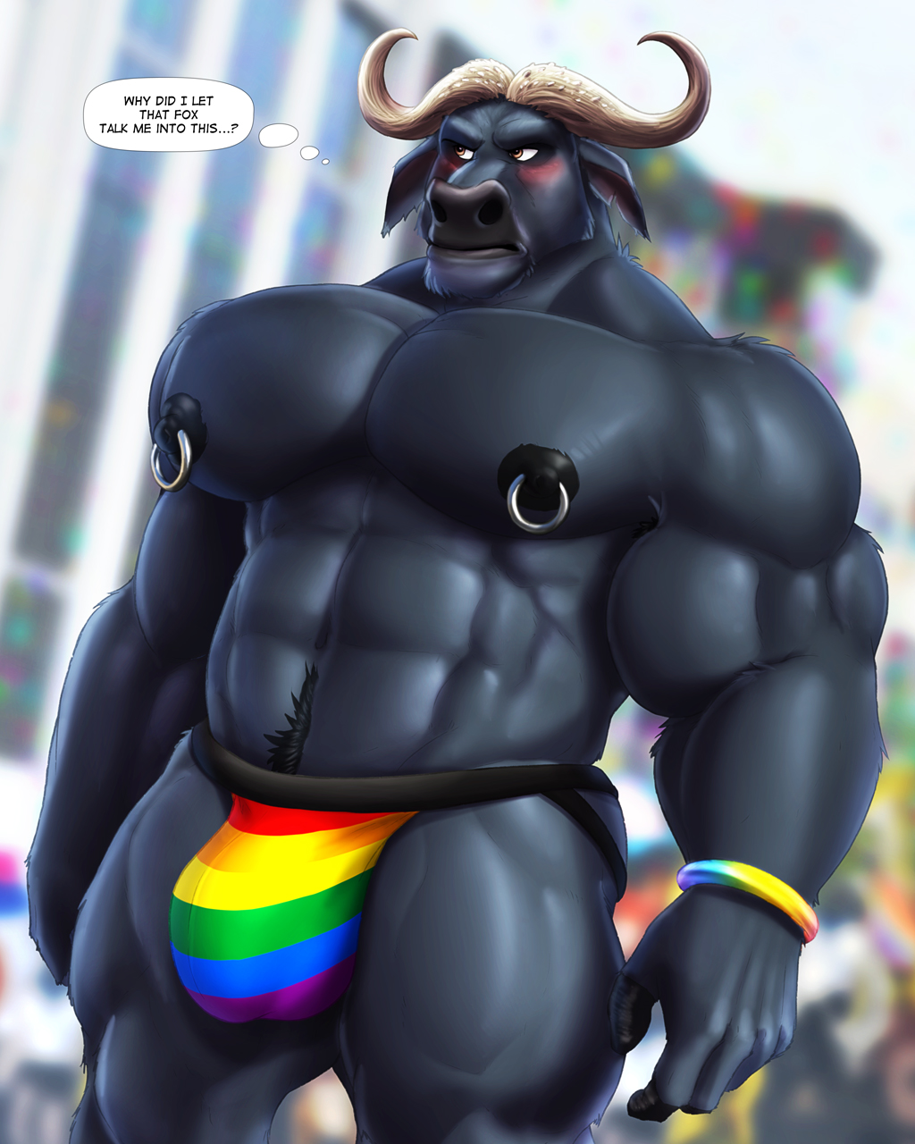 1boy, 2d, anthro, blush, bulge, chief bogo, digital media, disney, dream and nightmare, english text, furry, jockstrap, male, male only, muscular, muscular male, nipple piercing, nipples, pecs, piercing, pride colors, rainbow pride colors, solo, underwear, zootopia