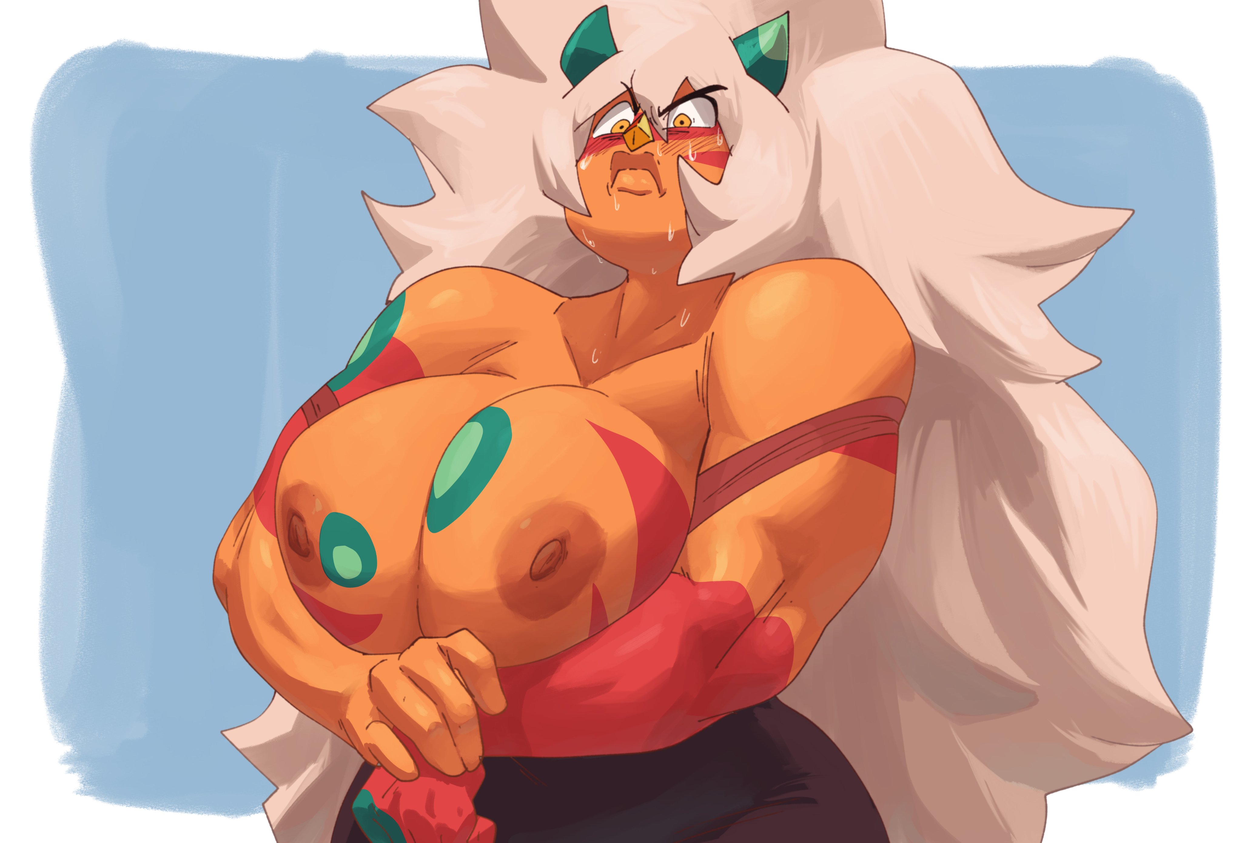 1girls, angry, bare shoulders, big breasts, black pants, breast press, breasts, breasts out of clothes, cartoon network, coolerinker, female, gem (species), highres, inker comics, inkershike, jasper (steven universe), large breasts, long hair, muscular, muscular female, nipples, orange eyes, orange skin, pressing breasts together, simple background, solo, steven universe, sweat, thick lips, white hair