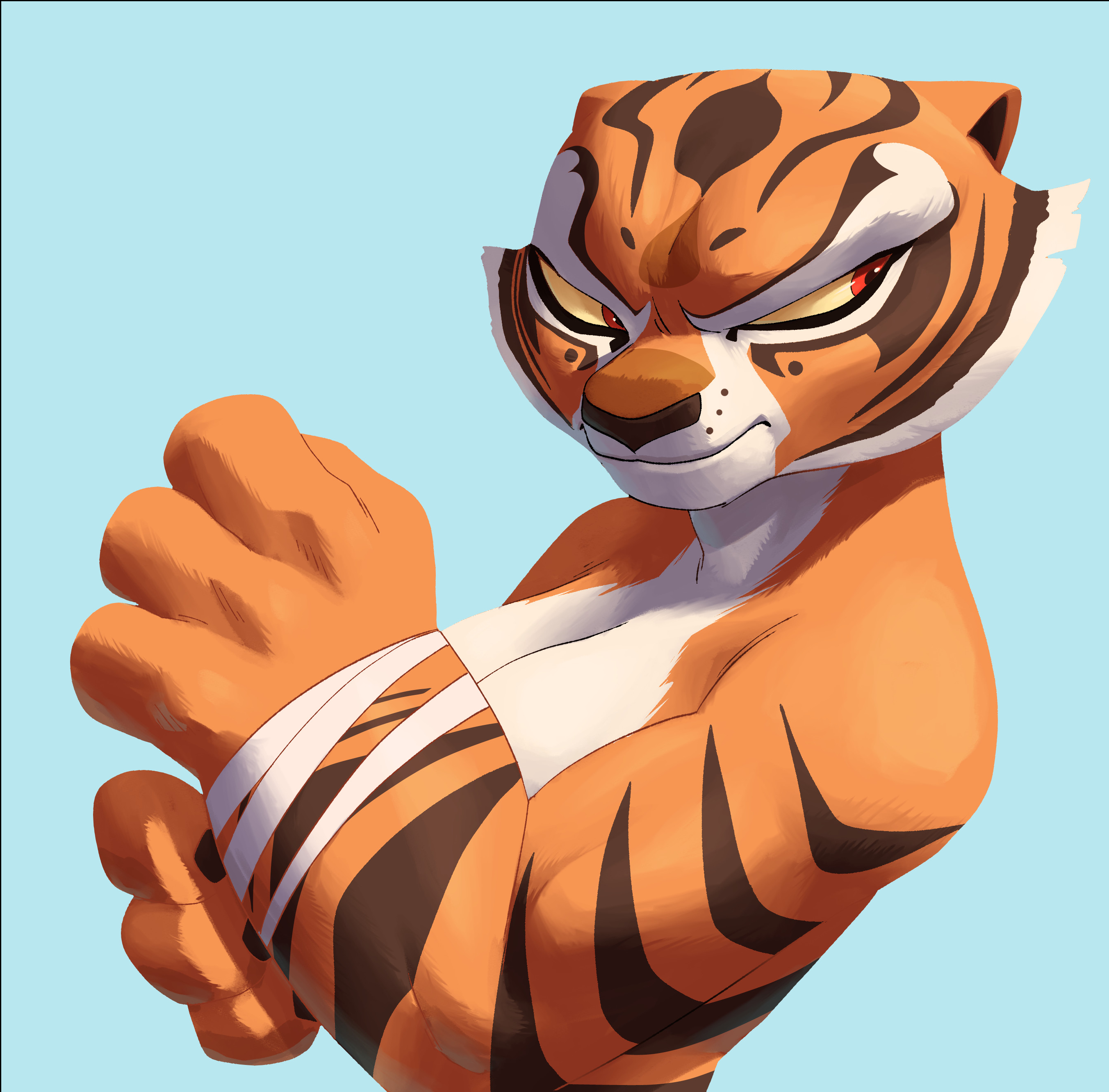 1girls, angry face, anthro, bandage, breasts, coolerinker, covered nipples, covering breasts, digital media (artwork), dreamworks, feline, female, female focus, furry, inker comics, inkershike, kung fu panda, large breasts, master tigress, muscular, muscular female, red eyes, simple background, tiger