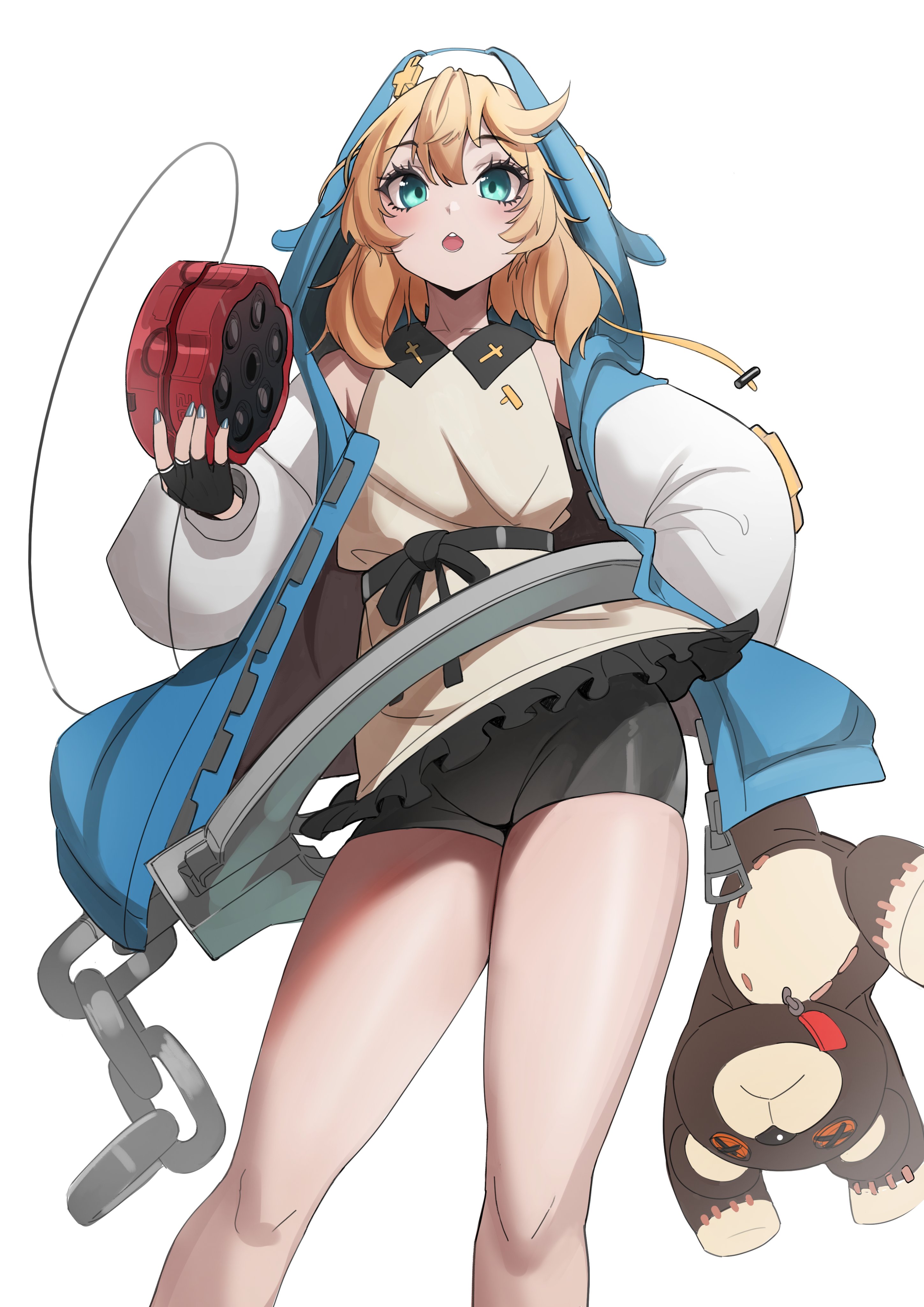 1boy, bike shorts, blonde hair, blonde male, blue eyes, blush, blushing, bridget, femboy, guilty gear, guilty gear strive, holding object, hood, hoodie, kiritzugu, legs, light blush, male, mouth open, nun hat, spats, tagme, teddy bear, thick, thick thighs, thighs, turquoise eyes, yo-yo, yoyo