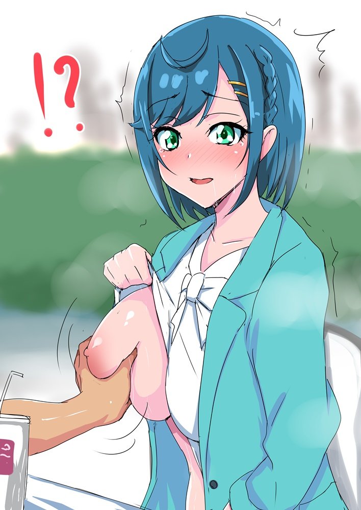 1boy 1boy1girl 1girls big_breasts blue_hair blush breast_grab breast_squeeze breast_squish breasts breasts_out drink embarrassed female grabbing green_eyes hair_clips heavy_blush huge_breasts jiseki large_breasts lifting_leg nervous shirt_lift shirt_pull shirt_up shy squish squished_breasts tagme touching_breast trembling turquoise_eyes