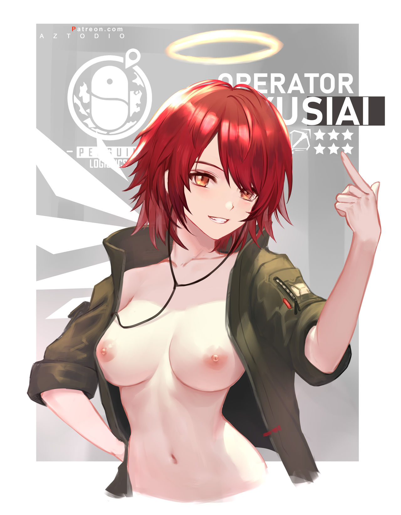 1girls, arknights, azto dio, bangs, belly, belly button, breasts, collarbone, earphones, exposed breasts, exposed nipples, exusiai (arknights), female, female only, functionally nude, functionally nude female, green jacket, halo, hand up, happy, happy female, jacket, medium breasts, midriff, navel, nipples, no bra, nude, nude female, open jacket, red eyes, red hair, short hair, smile, smiling, solo, solo female, stomach, teeth, teeth clenched, teeth showing