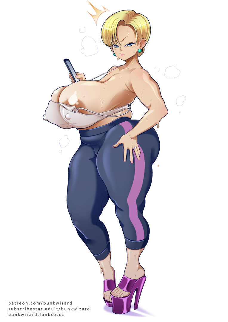 1girls alternate_version_available android_18 areolae artist_logo artist_self-insert artist_signature artist_website ass big_areola big_ass big_breasts blue_eyes breasts bunkwizard dragon_ball dragon_ball_z eye_contact female female_only high_heels huge_breasts looking_at_viewer mature_female milf mombod nipple_bulge platform_heels standing thick_thighs thighs tight_pants venus_body wide_hips