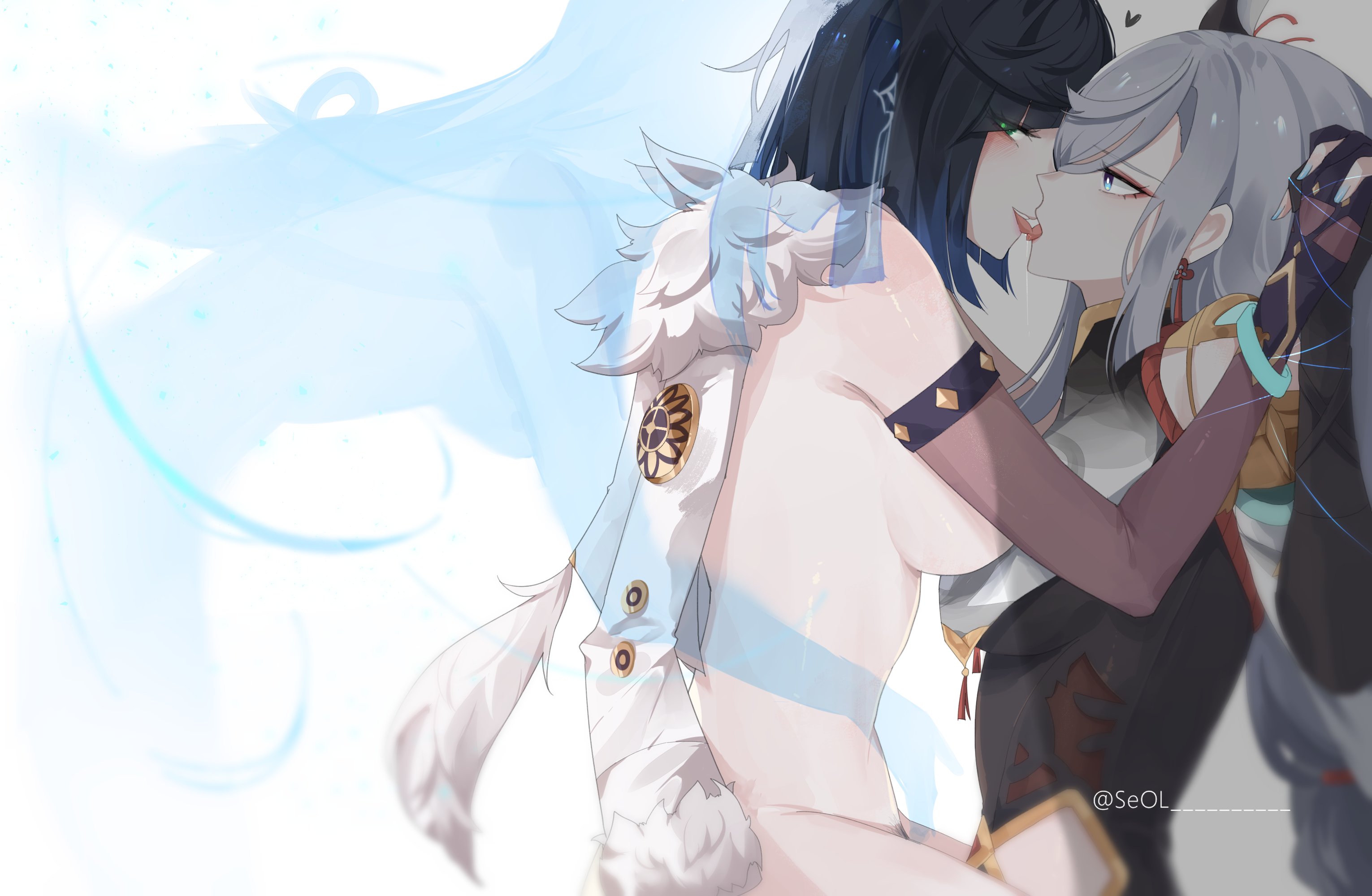 baconontheclock, female, genshin impact, lesbian kiss, light skin, light-skinned female, seol (baconontheclock), shenhe (genshin impact), tagme, yelan (genshin impact), yuri