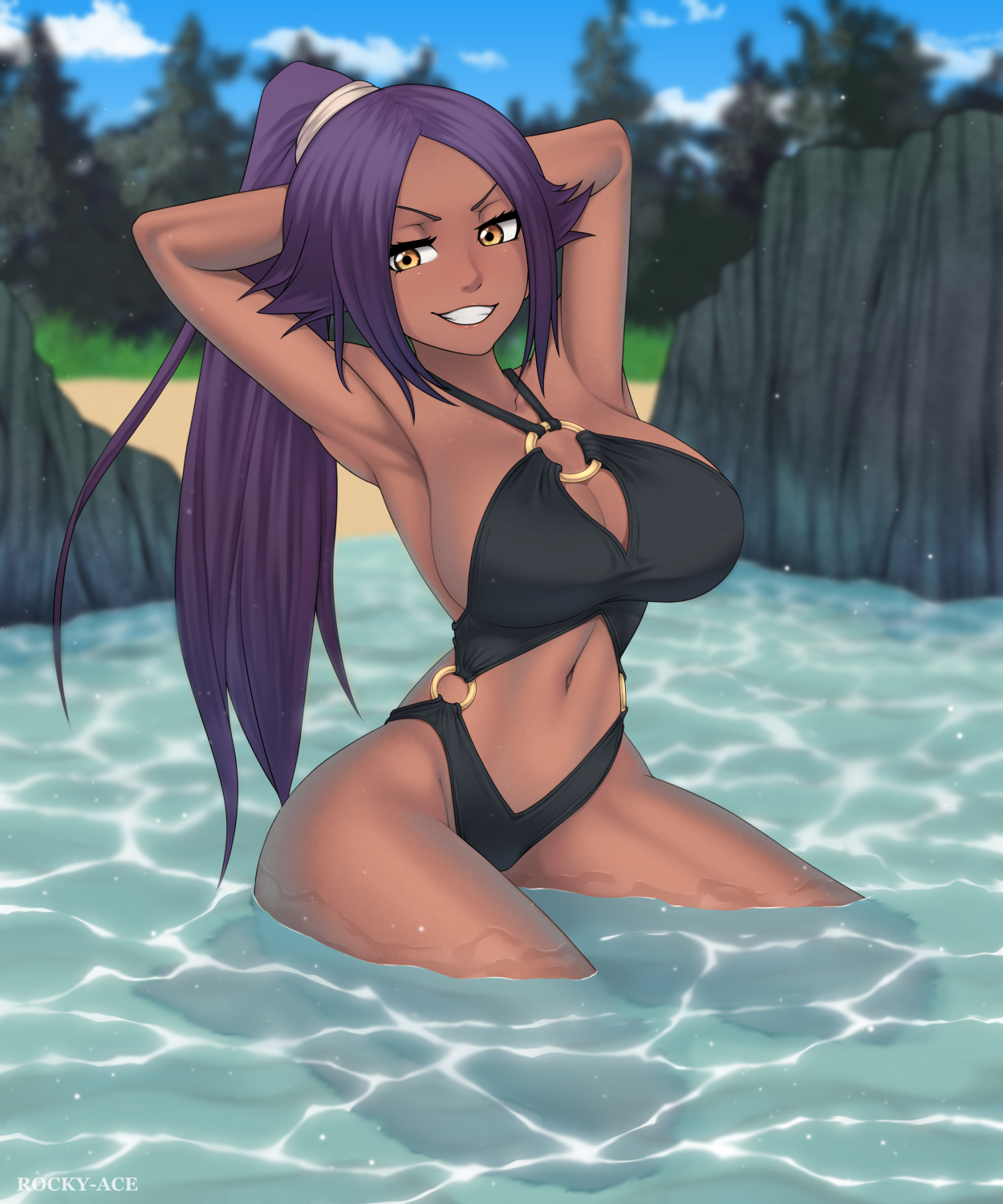 1girls, arms behind head, arms up, bare arms, bare chest, bare legs, bare midriff, bare shoulders, bare thighs, barefoot, big breasts, bikini, bleach, breasts, brown skin, busty, center opening, cleavage, curvaceous, curvy, curvy body, curvy figure, dark skin, dark-skinned female, female, female only, fully clothed, grin, hourglass figure, huge breasts, kneeling, looking at viewer, midriff, on knees, outdoors, partially submerged, ponytail, purple hair, revealing swimsuit, rocky-ace, shihouin yoruichi, skimpy, skimpy bikini, slim waist, smile, smiling, solo, solo focus, swimsuit, thick thighs, tied hair, very long hair, voluptuous, water, wet, wet body, wet skin, wide hips, yellow eyes