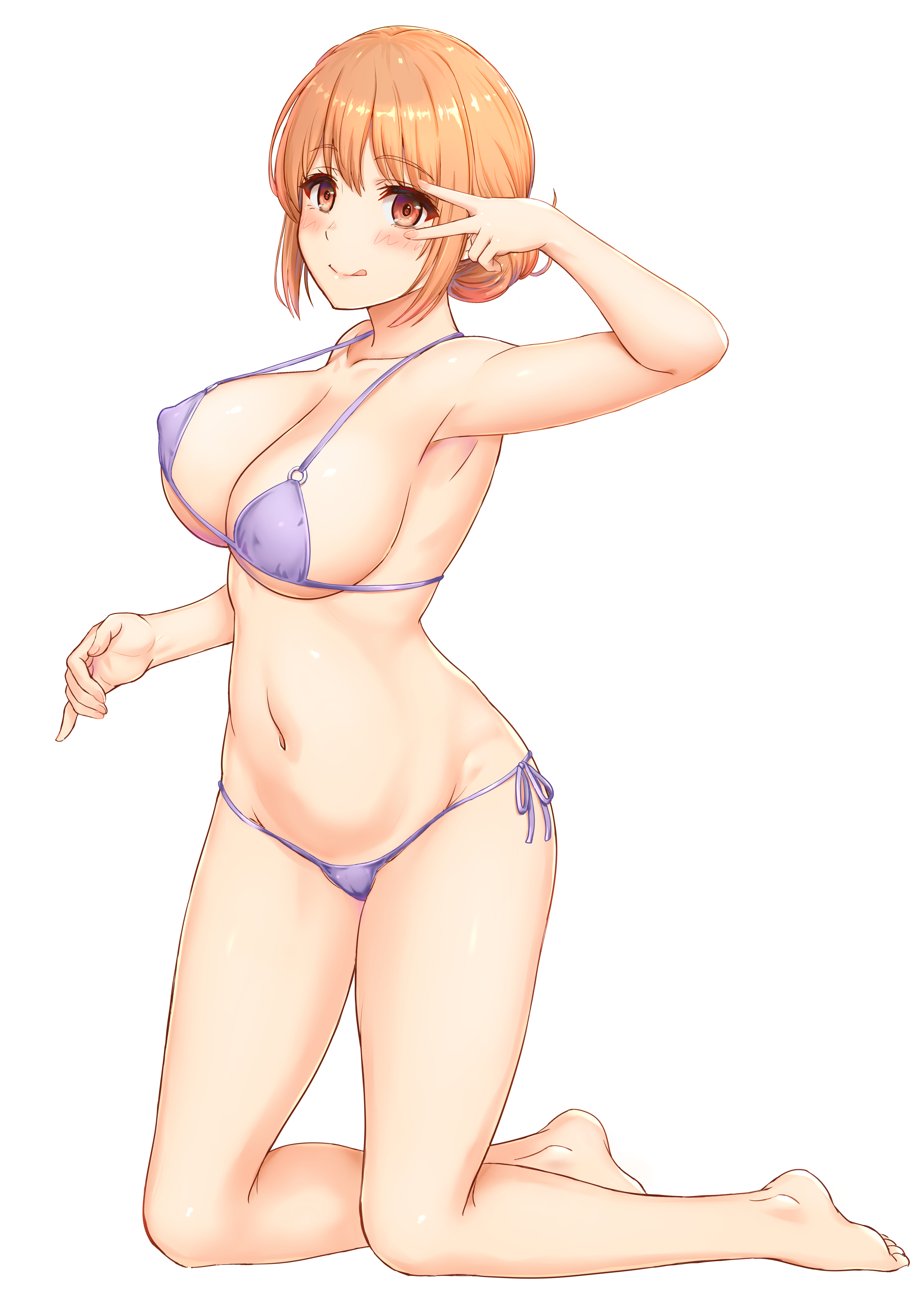 1girls, armpits, bikini, blush, breasts, brown hair, cleavage, female, highres, huge breasts, inanaki shiki, kneeling, my teen romantic comedy snafu, navel, orange eyes, short hair, simple background, solo, swimsuit, white background, yuigahama yui's mother