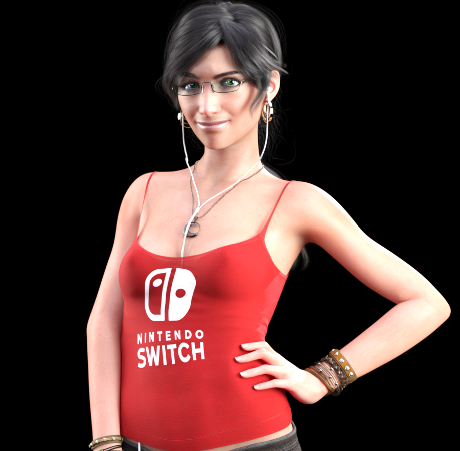 3d 3d_custom_girl 3dx black_background black_hair bracelets cgi cute digital_media_(artwork) earbuds earrings girlfriend glasses green_eyes headphones highres looking_at_viewer nintendo nintendo_switch nipple_bulge no_bra pendant perky_breasts petite ponytail red_shirt sakirah sakirah_rodaun small_breasts smile solo_female sweet tank_top