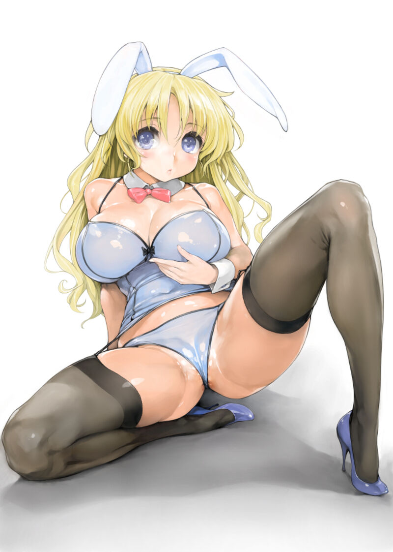 animal_ears bangs black_thighhighs blonde_hair blue_eyes blue_footwear blush bow bowtie breasts chie_(ishikei) cleavage copyright detached_collar fake_animal_ears female full_body garter_straps high_heels ishikei knee_up large_breasts long_hair looking_at_viewer original playboy_bunny pumps rabbit_ears shiny shiny_clothes shiny_hair shiny_skin simple_background sitting solo spaghetti_strap thighhighs white_background wrist_cuffs