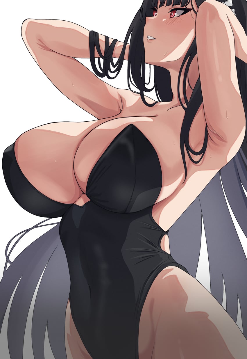 1girls absurdres adjusting_hair alternate_costume armpits arms_up bare_arms bare_shoulders big_breasts black_hair black_leotard blue_archive blush blush_lines breasts bunny_costume bunny_girl bunnysuit covered_navel cowboy_shot grin grinning hair_ornament highleg highleg_leotard highres huge_breasts large_breasts leotard light-skinned_female light_skin long_hair looking_up millennium_science_school_student neinlol playboy_bunny red_eyes rio_(blue_archive) seminar_(blue_archive) sideboob simple_background smile smiling solo strapless strapless_leotard sweat thighs white_background