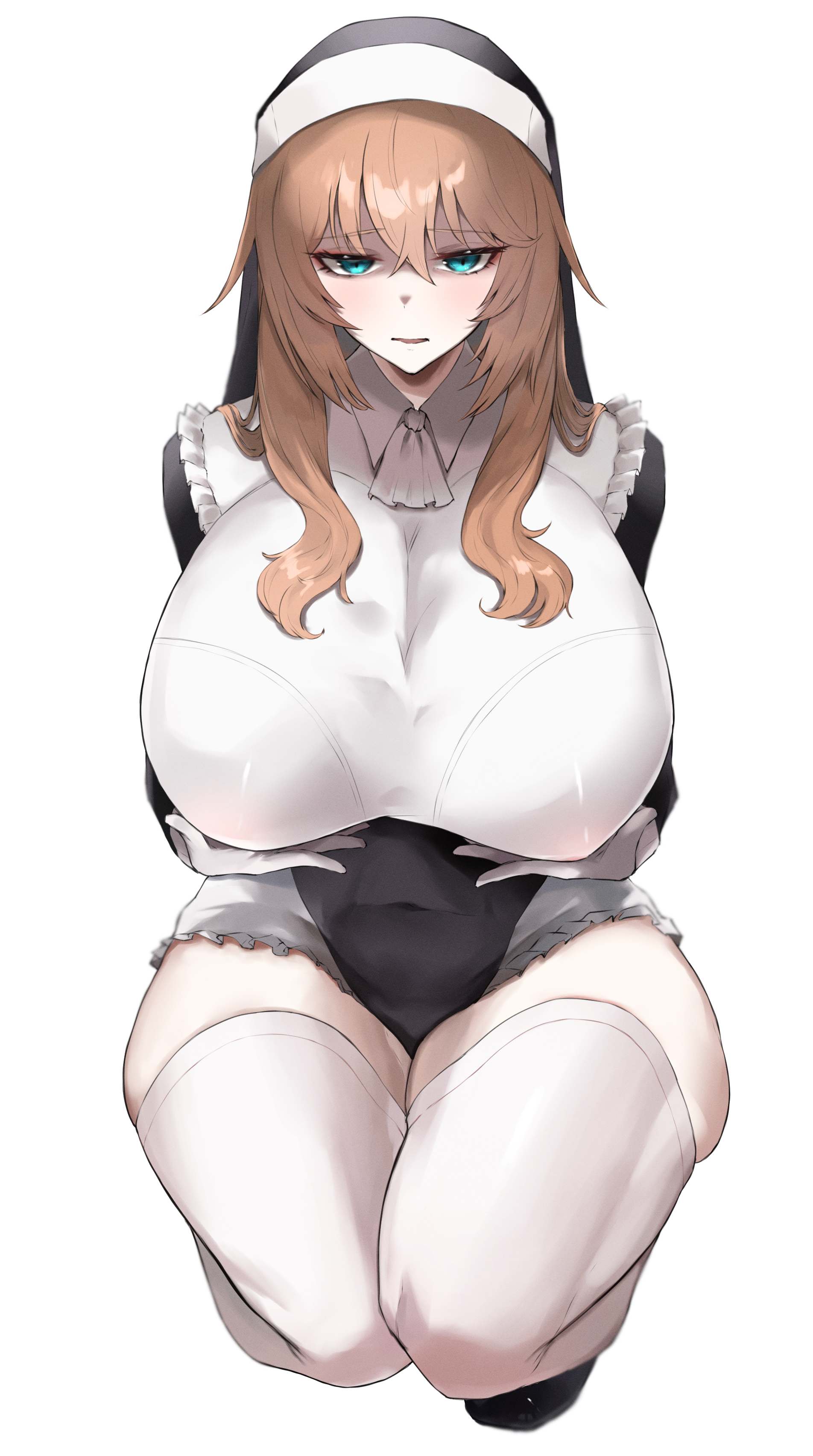 1girls, 2022, blush, breasts, brown hair, embarrassed, female, female only, green eyes, hi res, huge breasts, kataku musou, kneeling, nun, nun outfit, nun's habit, original, original character, thick thighs, thighhighs, thighs