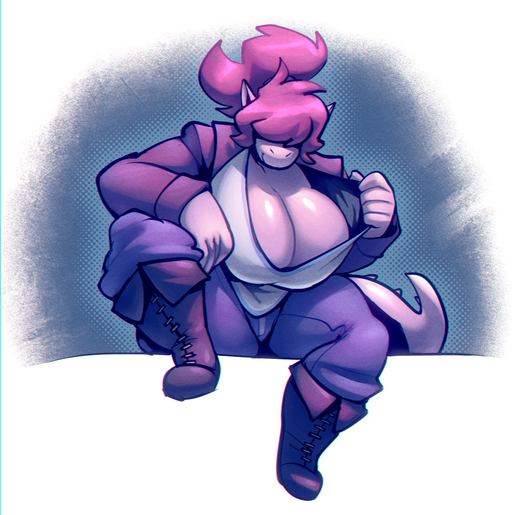 1girls, anthro, big breasts, bigdad, boots, breasts, busty, clothing, deltarune, dinosaur, female, female only, hair over eyes, huge breasts, jacket, large breasts, no bra, pants, pink hair, shirt, showing off, sitting, smile, solo, susie (deltarune), tease, teasing, thick thighs, undertale (series), wide hips