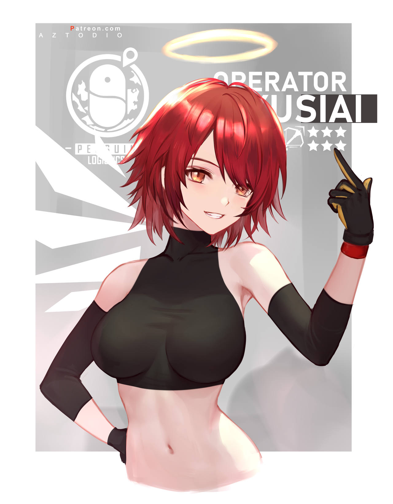 1girls arknights azto_dio bangs bare_shoulders belly belly_button breasts crop_top exusiai_(arknights) female female_only gloves halo hand_up happy happy_female medium_breasts midriff navel red_eyes red_hair short_hair smile smiling solo solo_female stomach teeth teeth_clenched teeth_showing turtleneck turtleneck_crop_top