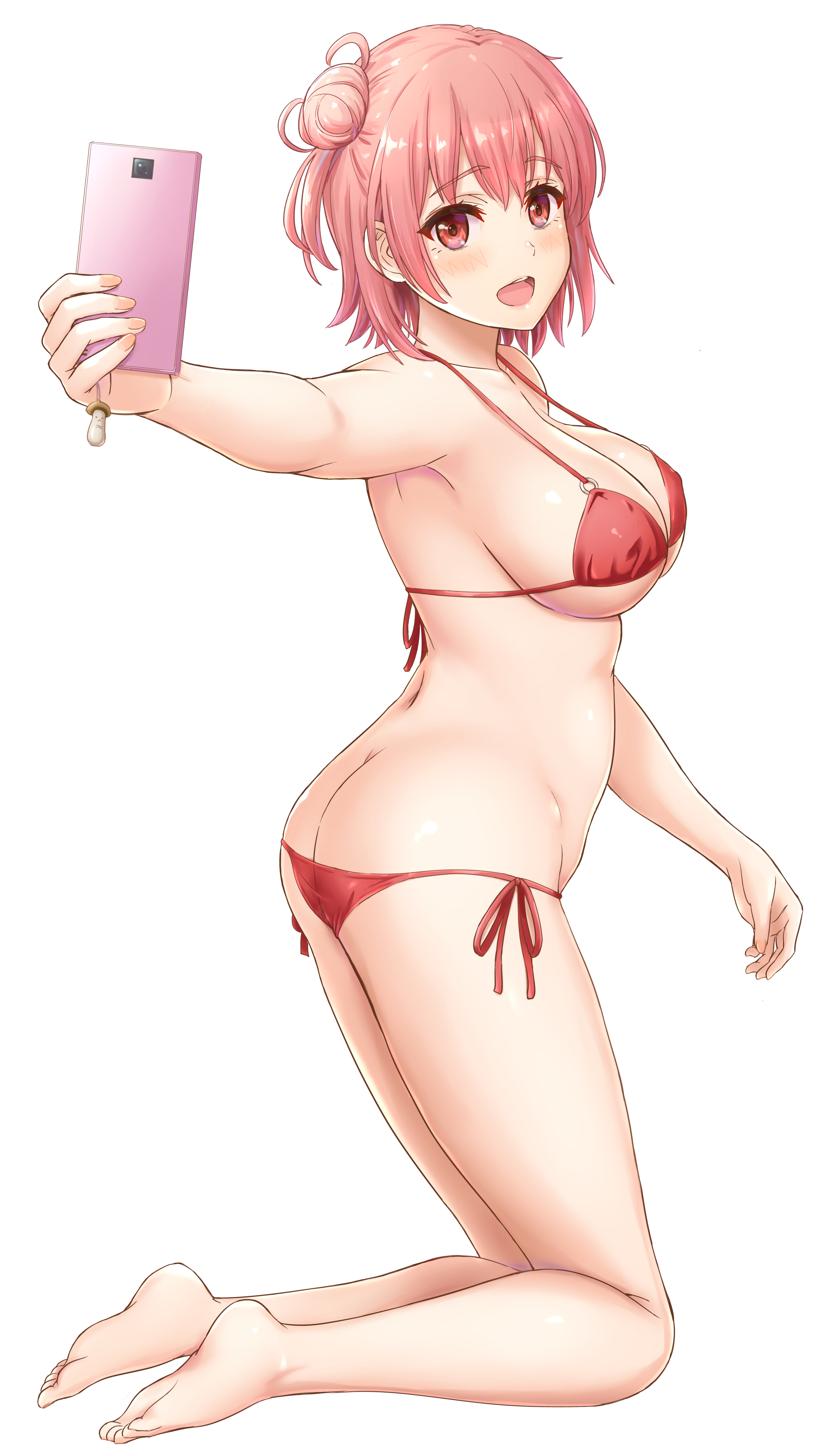 1girls, ass, ass cleavage, ass crack, barefoot, bikini, blush, breasts, butt crack, cleavage, female, hair bun, highres, holding, huge breasts, inanaki shiki, kneeling, looking at viewer, my teen romantic comedy snafu, on side, pink eyes, pink hair, selfie, short hair, side-tie bikini, simple background, smartphone, solo, swimsuit, white background, yuigahama yui