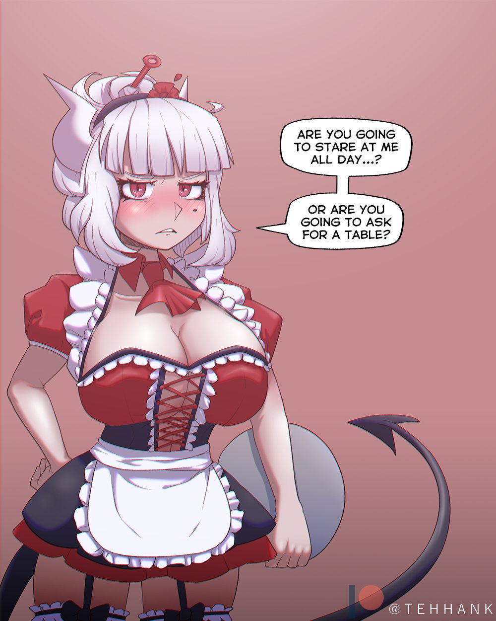 1girls, 2022, artist name, black pupils, blush, blushing at viewer, breasts, cleavage, demon, demon girl, demon tail, digital media (artwork), eyebrows, eyelashes, female, female only, hair, helltaker, horns, large breasts, looking at viewer, lucifer (helltaker), maid, maid uniform, mole, mole under eye, navel, patreon, patreon logo, patreon username, plate, red eyes, short hair, solo female, speech bubble, standing, tagme, tail, teeth, tehhank, text, white eyebrows, white hair, white sclera