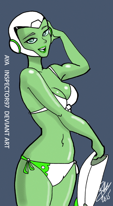 1girls aya_(green_lantern) bikini boobs breasts curvaceous curvy curvy_body curvy_female curvy_figure dc dc_comics female female_only green_eyes green_lantern:_the_animated_series green_lantern_(series) green_lipstick green_skin inspector97 medium_breasts robot robot_girl robot_humanoid solo solo_female white_bikini