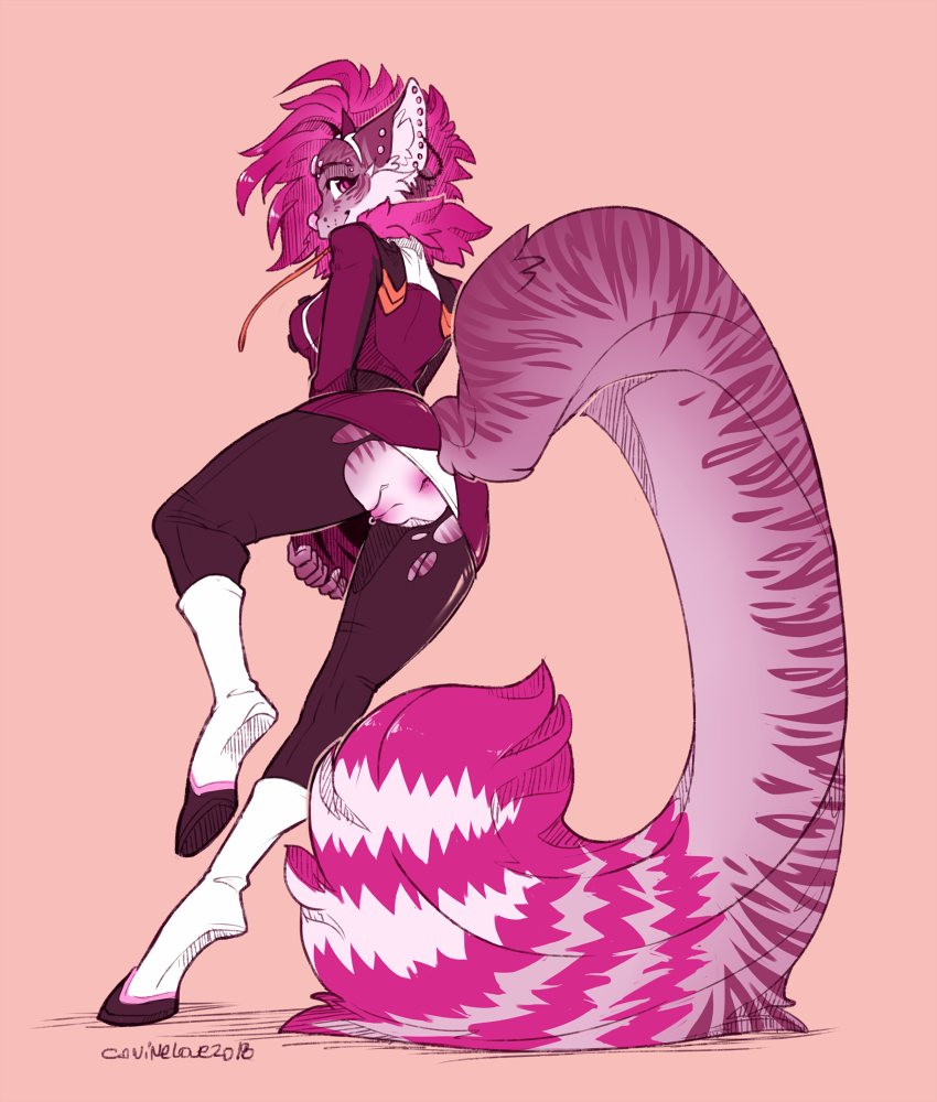 2018 anthro anus artist_name big_tail biped bottomwear breasts caninelove clothed clothing dated digital_media_(artwork) ear_piercing eyelashes felid feline female genitals looking_at_viewer looking_back looking_back_at_viewer mammal monochrome pants piercing pink_theme pussy rear_view simple_background solo topwear torn_bottomwear torn_clothing torn_pants