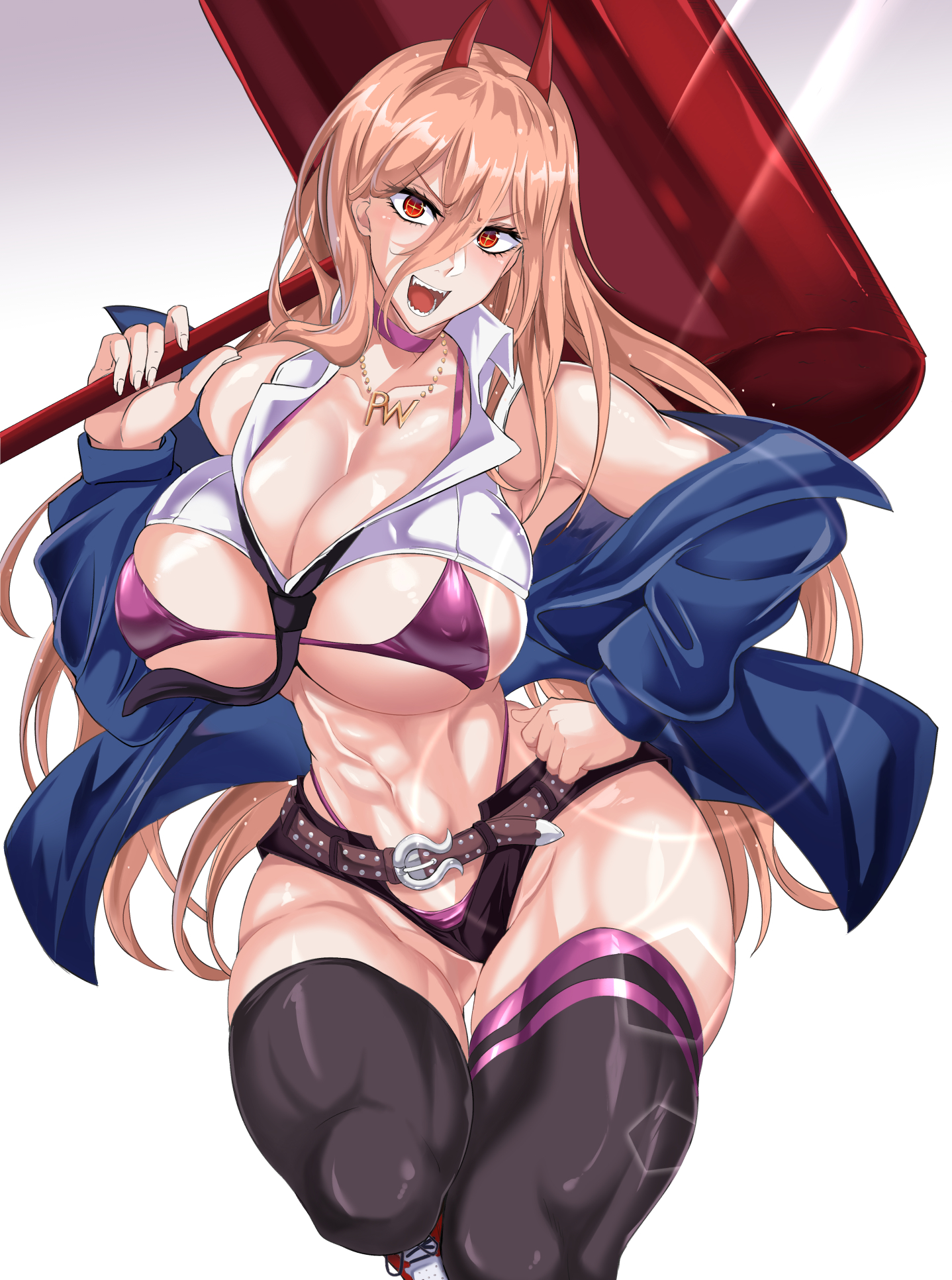 1girls, big breasts, breasts, chainsaw man, demon, demon girl, eye contact, female, female focus, female only, horns, huge breasts, jet puri, legwear, looking at viewer, power (chainsaw man), red eyes, solo, solo female, standing, thick thighs, thighhighs, thighs, thong, wide hips