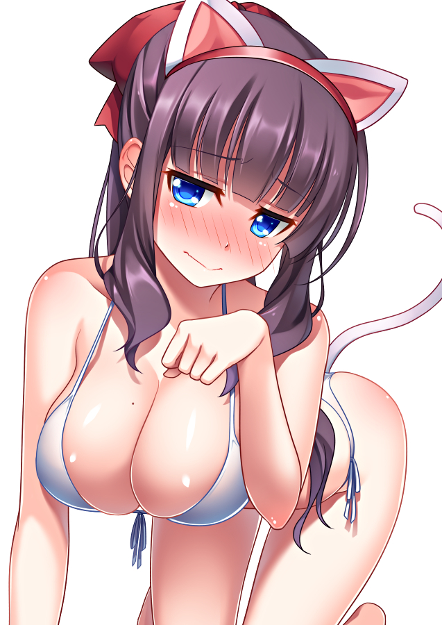 alternate_costume animal_ears bare_arms bare_shoulders blue_eyes blush breasts cat_ears cat_tail cleavage commentary_request embarrassed eyebrows fake_animal_ears fake_tail female large_breasts long_hair mole mole_on_breast new_game! pochadon simple_background solo tail takimoto_hifumi white_background