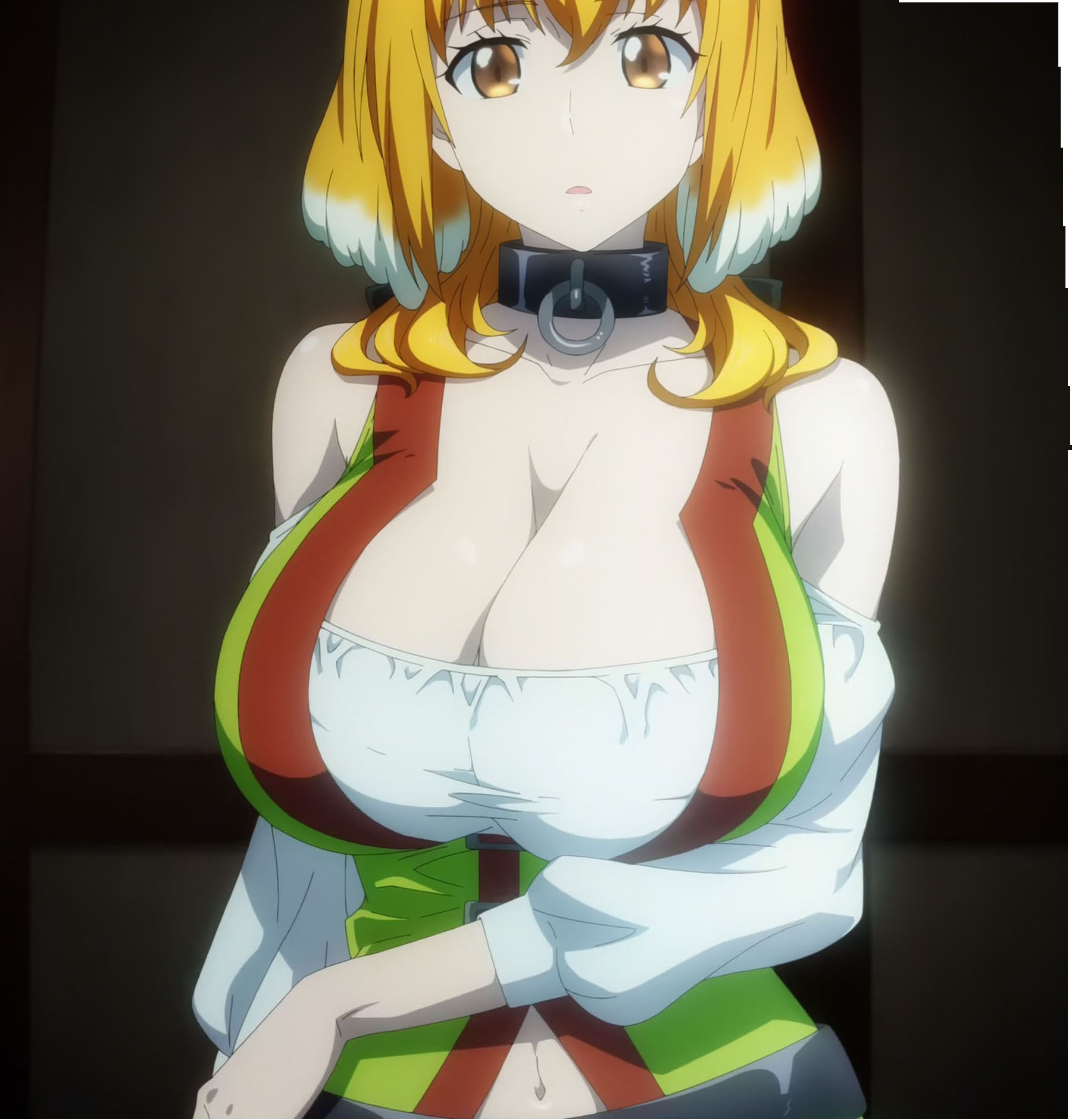1girls, animal ears, big breasts, blonde hair, breasts, brown eyes, cleavage, clothed, clothing, female, female focus, female only, hi res, huge breasts, hyouju issei, isekai meikyuu de harem wo, long hair, monster girl, navel, nipples, revealing clothes, roxanne (isekai meikyuu de harem wo), screencap, screenshot, solo, wolf ears, wolf girl, wolf tail