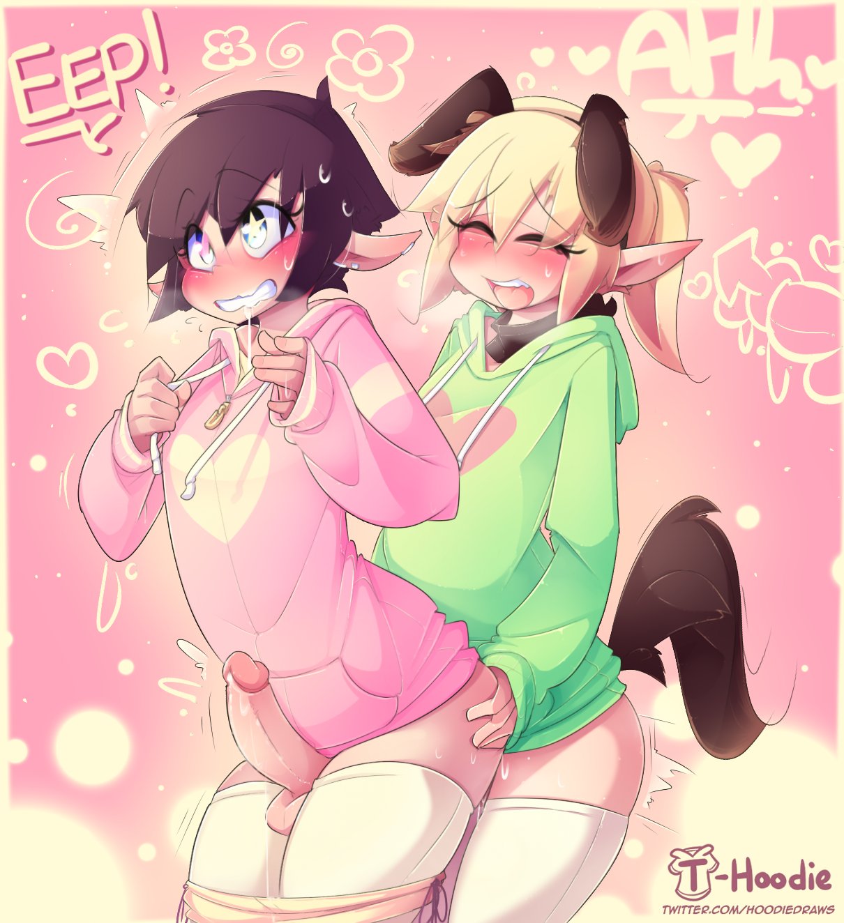 2022 2boys anal anal_insertion anal_penetration balls black_hair blonde_hair blush bottomless clothed clothing cute dog_ears dog_tail elf erection fake_animal_ears femboy femboy_on_femboy girly hoodie hoodie_(artist) humanoid humanoid_penis light-skinned_male light_skin long_ears male male_only max_(hoodie) mostly_clothed original penis pointy_ears sex standing thigh_highs thighhighs vibrator vibrator_in_ass vick_(hoodie)