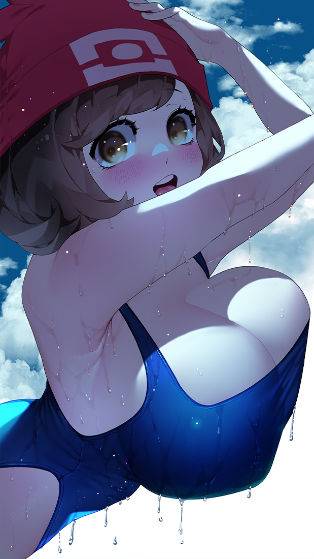 1girls, 2022, big eyes, blush, breasts, brown hair, cleavage, competition swimsuit, female, female only, hat, horny, huge breasts, massive breasts, nintendo, one-piece swimsuit, pokemon, pokemon sm, selene (pokemon), short hair, smile, sumisumii, swimsuit