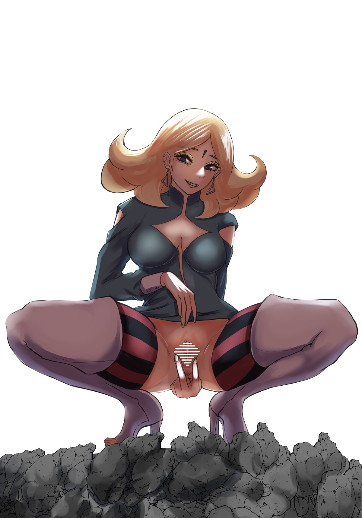 1girls, blonde female, boots, boots without bottomwear, boruto: naruto next generations, bottomless, breasts, censor bar, censored, censored pussy, center opening, delta (boruto), dress, earrings, female, female only, hayatomoon, heel boots, legwear, lipstick, long boots, long hair, looking at viewer, makeup, naruto, naruto (series), no bra, no panties, no pants, pink eyes, presenting, presenting pussy, pussy, rocks, smile, solo, solo focus, source request, spread legs, spread pussy, spreading, squatting, striped legwear, stripes, thigh boots, thighhighs, yellow hair