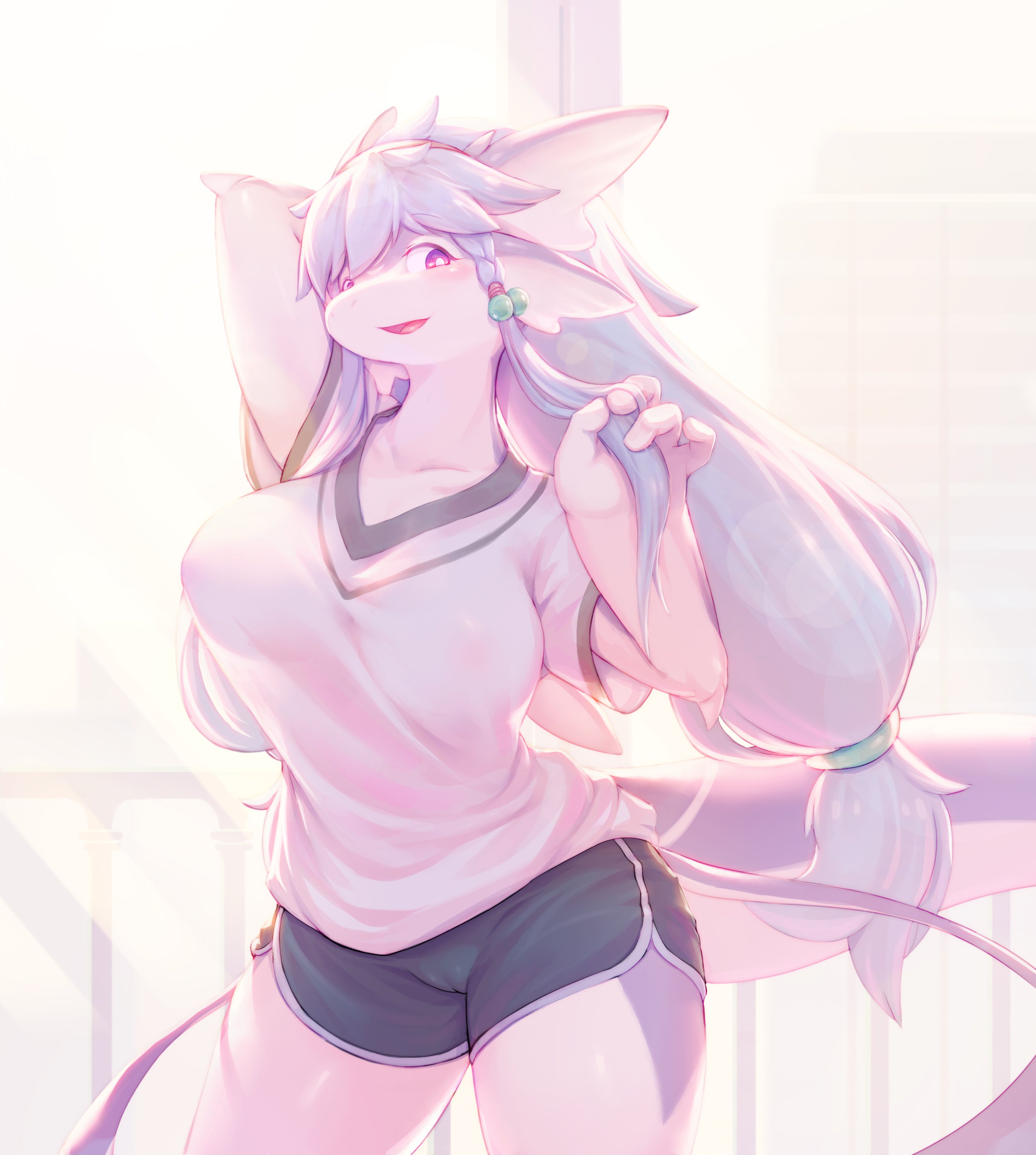 1girls, 2018, animal ears, anthro, arm behind head, arm up, aruri (whooo-ya), bangs, black shorts, blush, braid, breasts, building, cameltoe, collarbone, colored skin, cowboy shot, dolphin shorts, dragon, dragon tail, female, female only, fins, grey hair, hair bobbles, hair ornament, hair tie, hairband, hand up, happy, indoors, large breasts, light blush, light rays, long hair, looking at viewer, looking to the side, low-tied long hair, marine, multicolored skin, nipples, no bra, open mouth, original, pink eyes, playing with own hair, purple skin, pussy, railing, red hairband, see-through, shiny, shiny skin, shirt, short shorts, short sleeves, shorts, side slit, sidelocks, sideways mouth, smile, smiling at viewer, snout, solo, solo female, standing, sunlight, tail, tied hair, twin braids, two-tone skin, very high resolution, very long hair, white shirt, white skin, whooo-ya, window