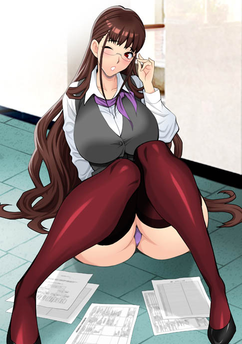 adjusting_glasses ass big_ass big_breasts big_butt breasts brown_hair business_attire business_casual business_suit business_woman butt clumsy curves curvy document dropped_papers fell_down glasses heels large_breasts long_hair office_clothing office_lady one_eye_closed panties papers red_eyes tagme thick thigh_highs thighhighs thighs yukiyanagi