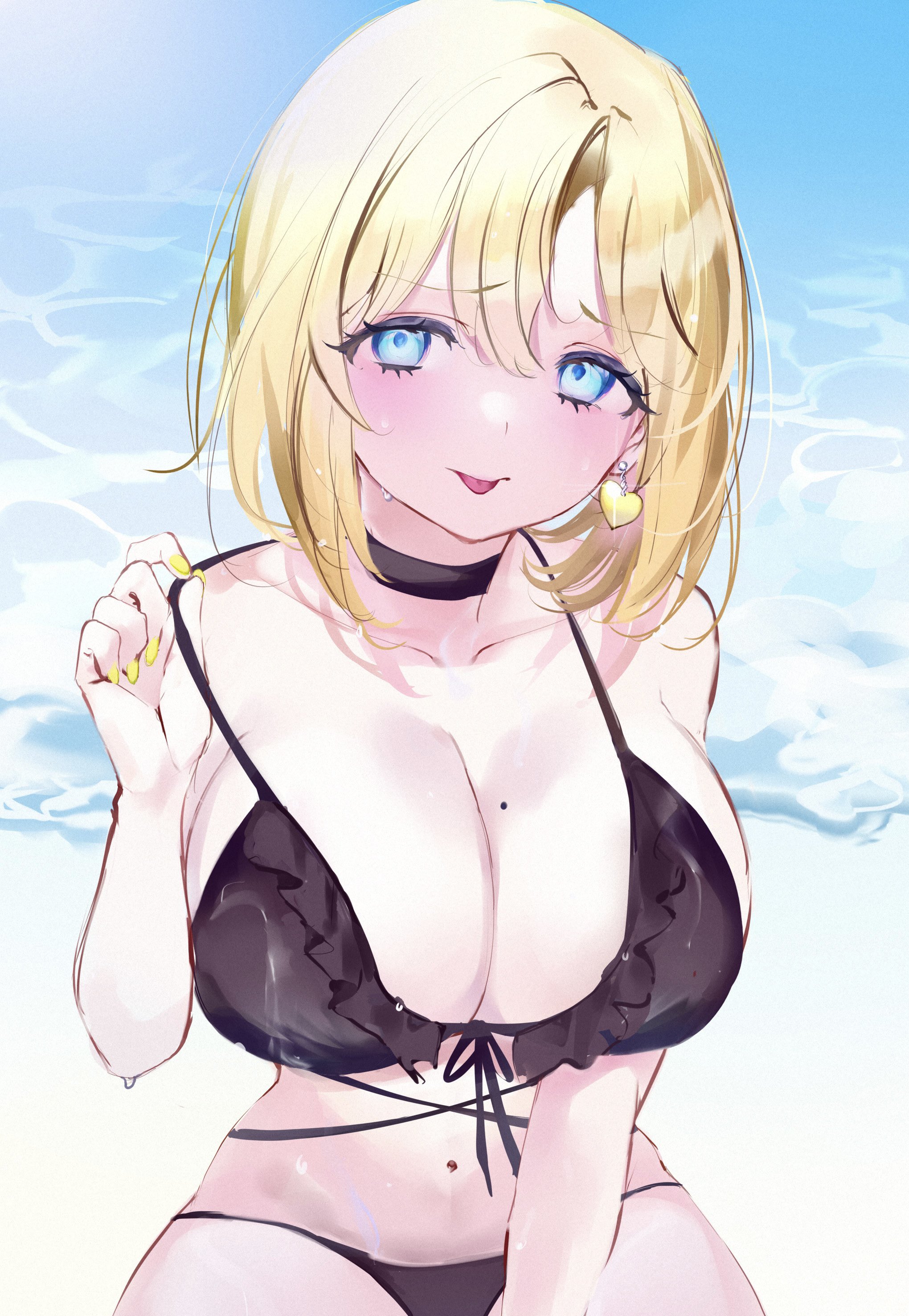 1girls, big breasts, bikini, blonde female, blonde hair, blue eyes, blush, breasts, female, hololive, hololive english, hololive myth, mile (off8mile), mole, mole on breast, solo, solo female, swimsuit, virtual youtuber, watson amelia