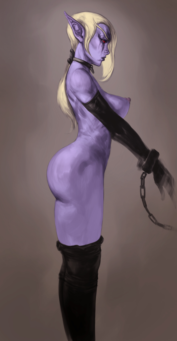 banshee_(warcraft) blonde_hair chained chained_up chains collar dochyde gloves hunter_(warcraft) naked pointed_ears prisoner purple_skin restrained_arms side_view slave sylvanas_windrunner tagme thighhighs undead_(warcraft) warcraft world_of_warcraft