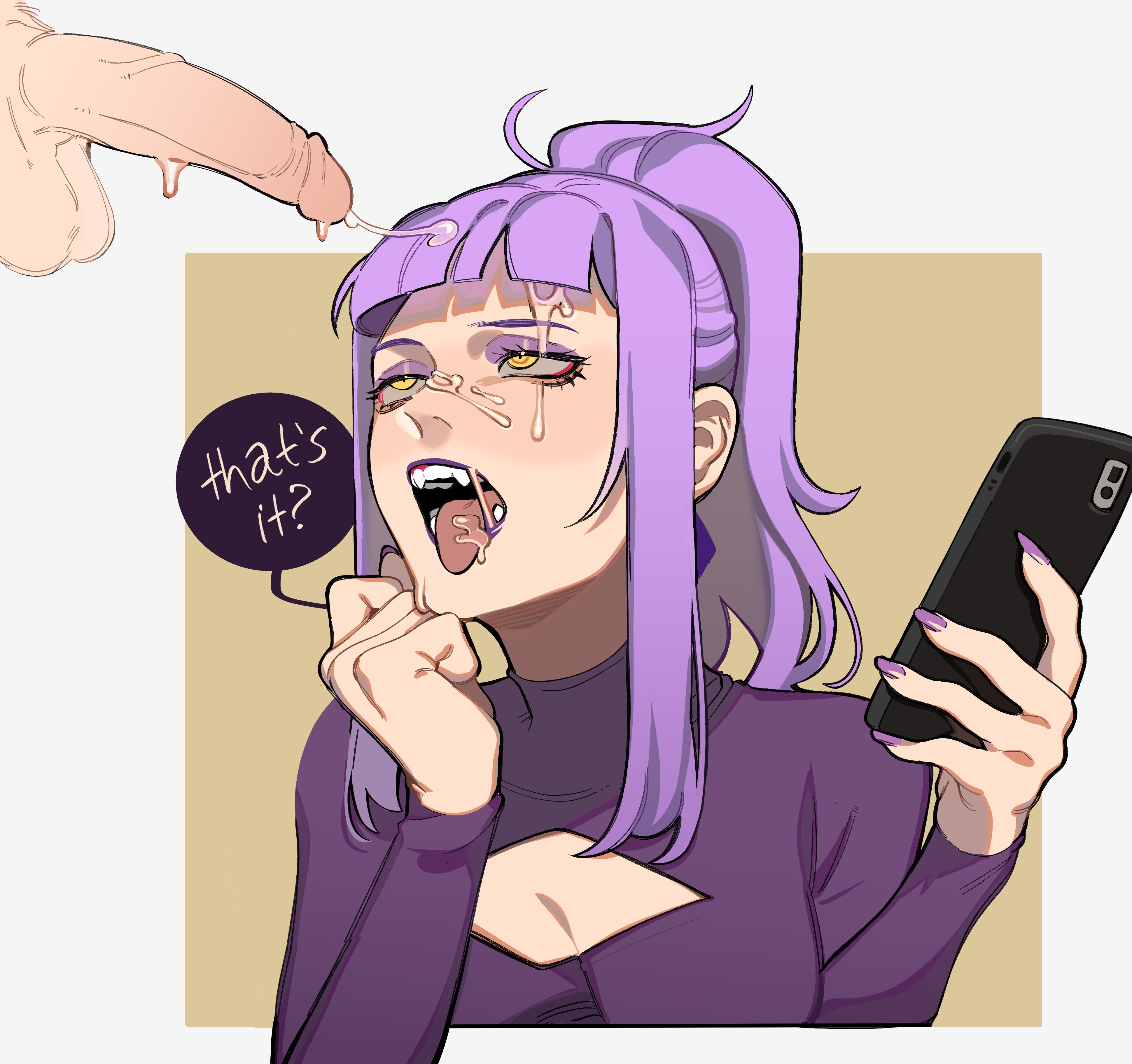 1boy, 1girls, absurd res, balls, bangs, blunt bangs, cum, cum on face, disappointed, eyeshadow, fangs, female, holding phone, light skin, light-skinned female, light-skinned male, long hair, male, narrowed eyes, open mouth, pami namal, penis, phone, ponytail, porqueloin, premature ejaculation, purple hair, unamused, unimpressed, yellow eyes