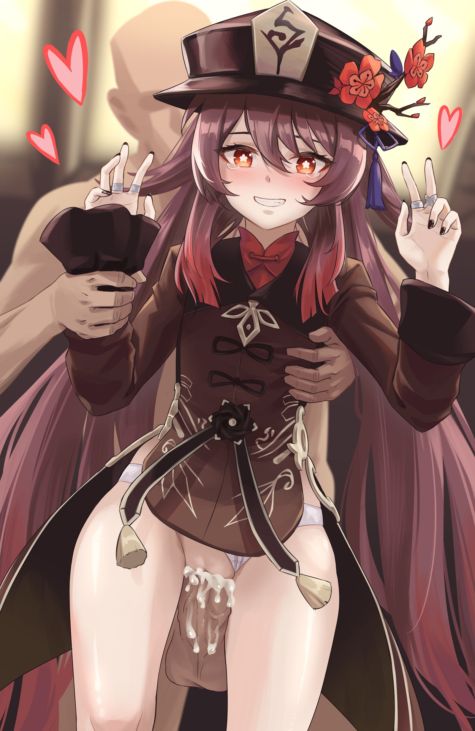 1boy, 1girls, balls, big penis, blush, breast grab, breasts, brown hair, cum, cum in pussy, cum inside, dark skin, dark-skinned male, female, genshin impact, groping, hat, heart, hi res, highres, hop cop, hu tao (genshin impact), looking at viewer, male, panties, panties aside, penetration, penis, pussy, red eyes, sex, smile, standing sex, testicles, twintails, uncensored, vaginal, vaginal penetration, vaginal sex