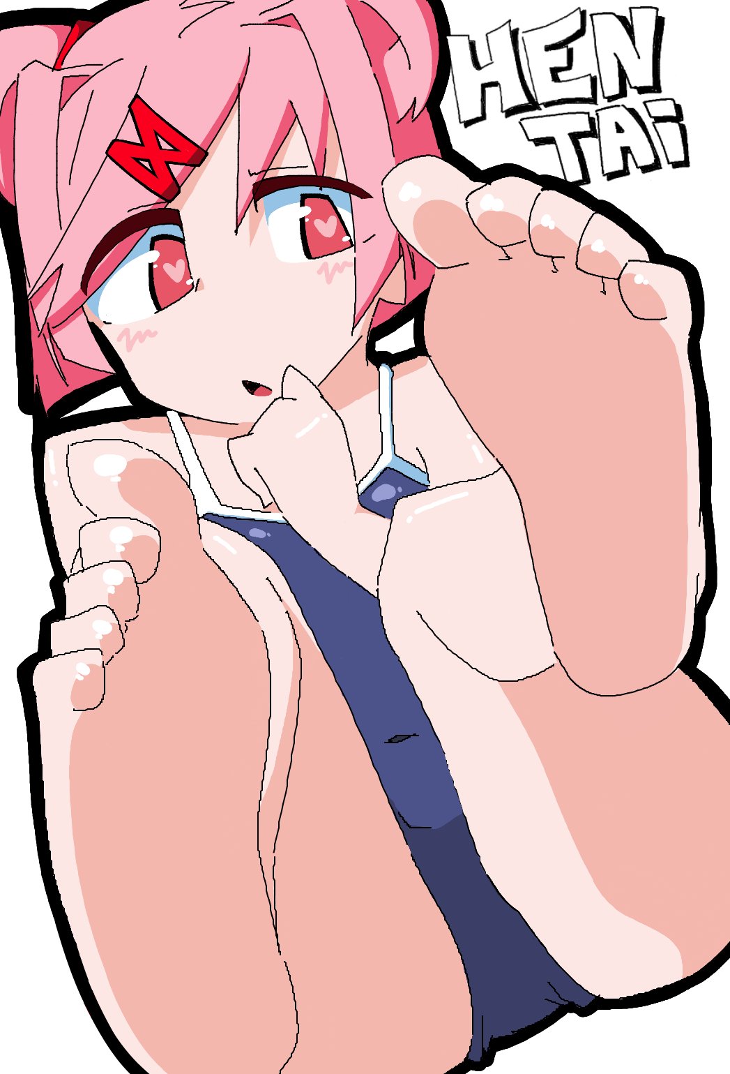 1girls __ylj_x__(artist) blue_swimsuit blush doki_doki_literature_club feet feet_up female foot_fetish foot_focus heart-shaped_pupils heart_eyes looking_at_viewer natsuki_(doki_doki_literature_club) open_mouth pink_eyes pink_hair solo swimsuit white_background