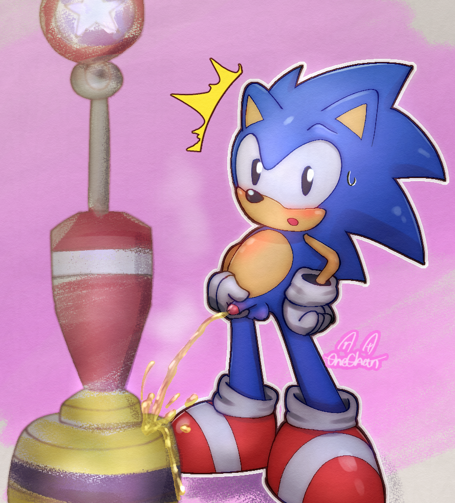 blush bodily_fluids casual caught classic_sonic classic_sonic_(universe) exposed_torso genital_fluids genitals male onechan peeing penis sega solo sonic_(series) sonic_cd sonic_the_hedgehog sonic_the_hedgehog_(series) standing urine urine_stream watersports