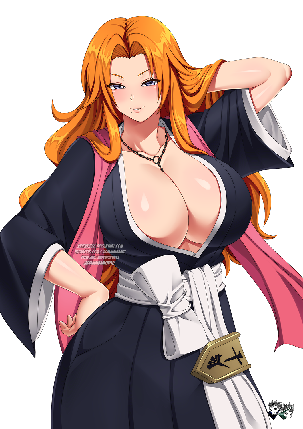 1girls arm_behind_head belt big_breasts bleach blue_eyes blush breasts busty center_opening chain_necklace chains cleavage curvaceous curves curvy curvy_body curvy_figure feet_out_of_frame female female_only fully_clothed hakama hand_behind_head hand_on_hair hand_on_hip hourglass_figure huge_breasts jadenkaiba japanese_clothes jewelry kimono long_hair looking_at_viewer matsumoto_rangiku mole mole_under_mouth naughty naughty_face naughty_smile necklace necklace_between_breasts no_bra obi oppai orange_hair pendant pinup playing_with_hair posing revealing_clothes robe scarf seductive seductive_eyes seductive_look seductive_mouth seductive_pose seductive_smile simple_background slim_waist smile smiling smiling_at_viewer solo solo_focus top_heavy very_long_hair voluptuous white_background wide_hips wide_sleeves