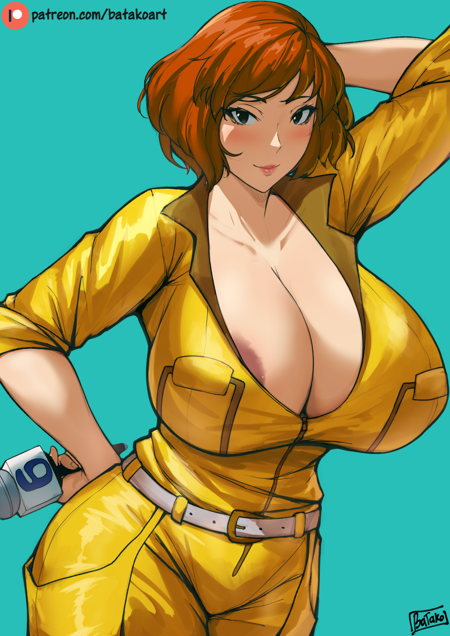 1girls april_o'neil april_o'neil_(tmnt_1987) areola areola_slip armpits batako belt big_breasts breasts breasts_bigger_than_head brown_hair cleavage clothing electronics female female_focus female_only huge_breasts human microphone pale_skin short_hair solo solo_female solo_focus teenage_mutant_ninja_turtles thick_thighs tmnt_1987 wide_hips