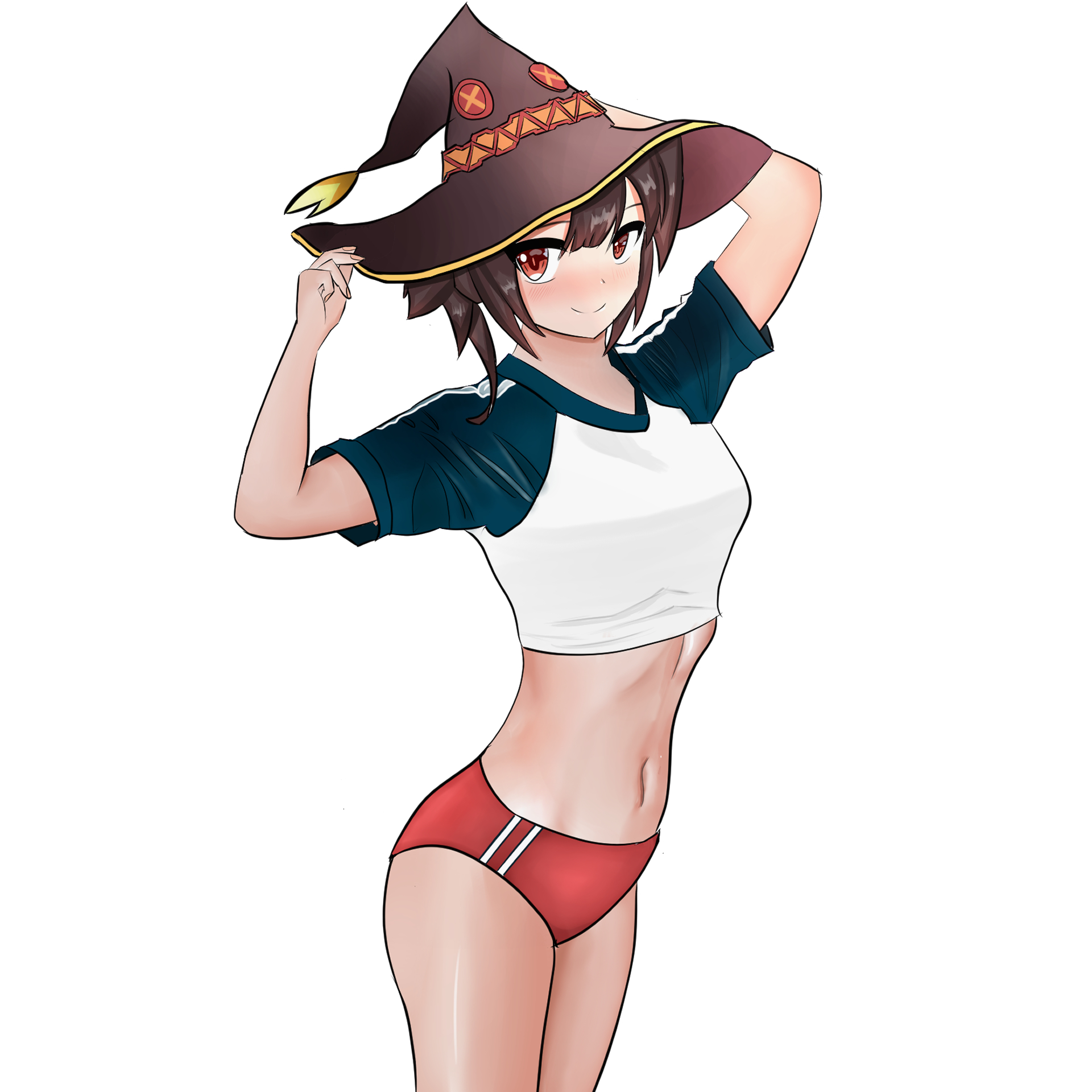 1girls, 2022, belly, bloomers, brown hair, buruma, female, female only, gym uniform, kono subarashii sekai ni shukufuku wo!, megumin, red eyes, short hair, solo, thighs, xolalpop