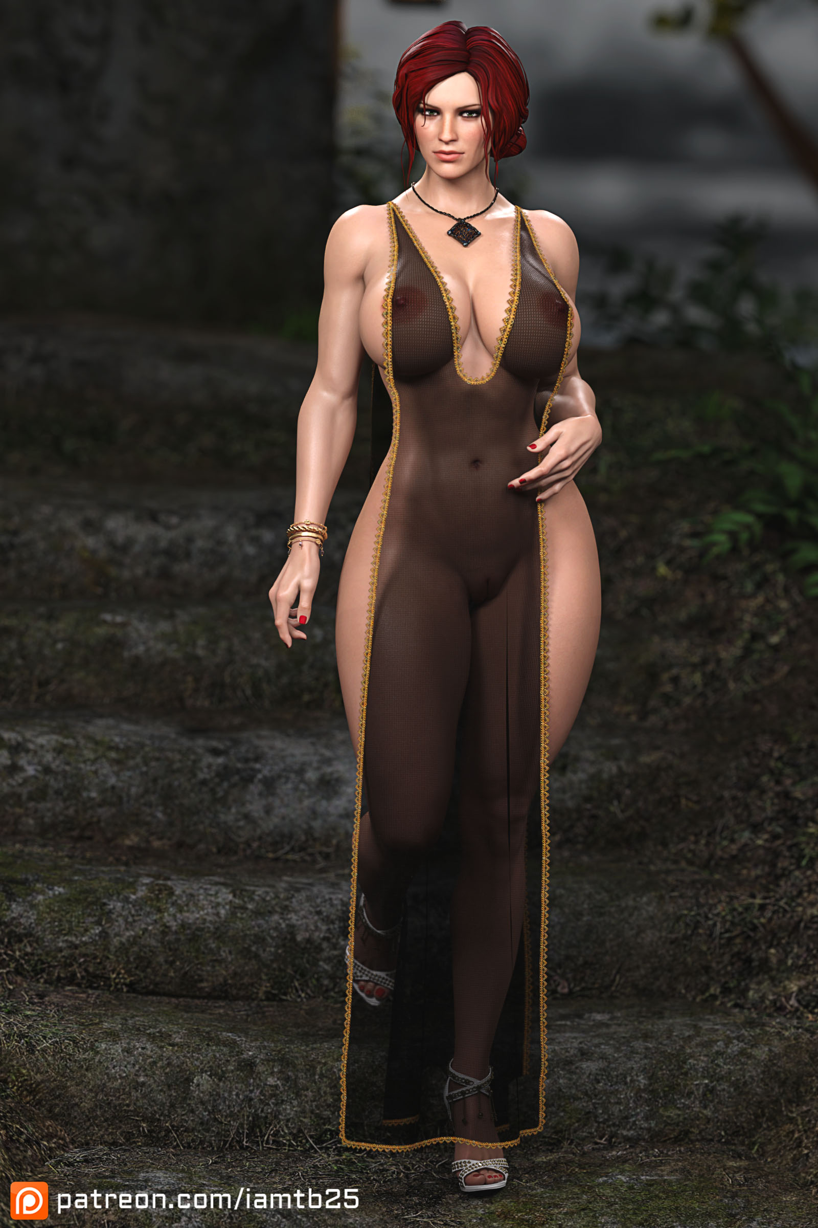 1girls, 3d, arm band, big breasts, breasts, double slit dress, dress, female, full frontal nudity, high heels, muscular, muscular female, necklace, patreon username, red hair, see-through clothing, sheer clothing, sideless outfit, solo, tb25, the witcher (series), the witcher 3: wild hunt, thick thighs, triss merigold, wide hips