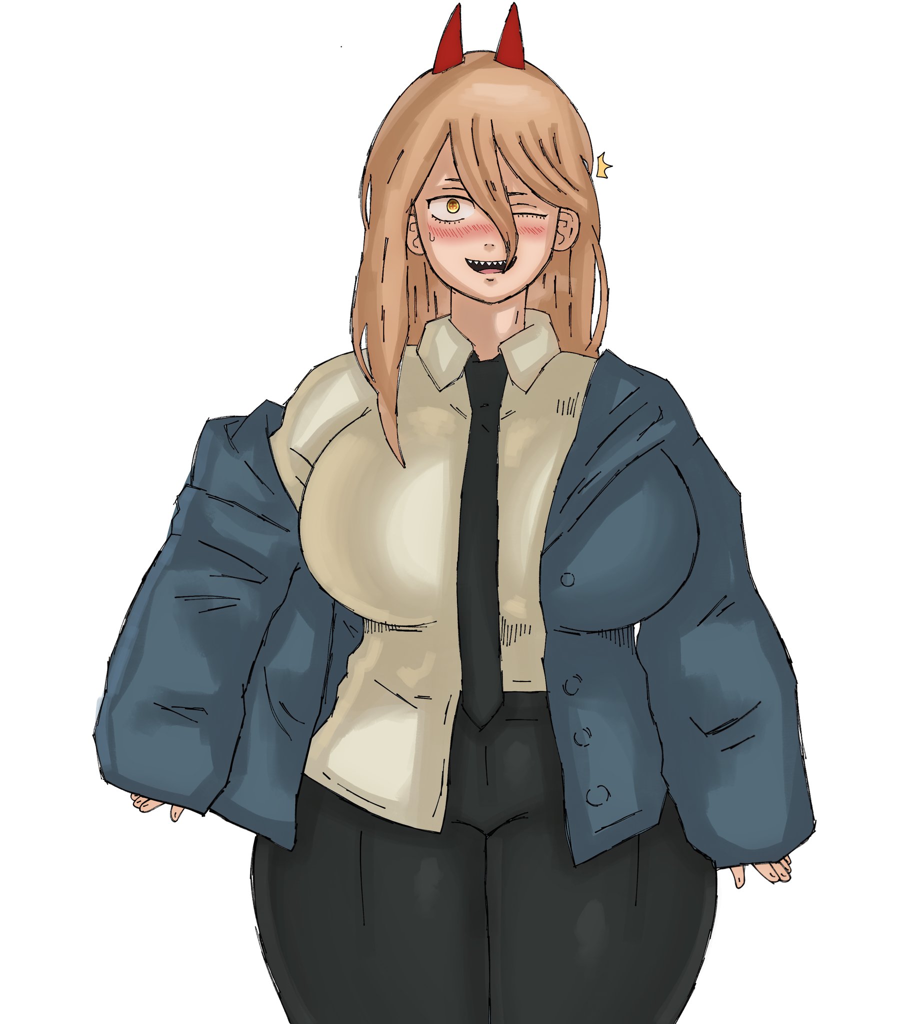 1girls, big breasts, black legwear, blonde female, blonde hair, blush, breasts, chainsaw man, clothed, clothing, demon, demon girl, female, female only, horns, legwear, long hair, one eye closed, power (chainsaw man), solo, solo female, standing, theodyss, thick thighs, thighs, wide hips