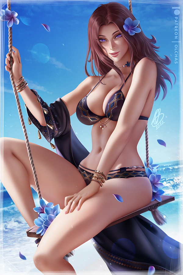 bikini, breasts, brown hair, cleavage, female, female only, flower in hair, large breasts, looking at viewer, olchas, original, original character, purple eyes, swing