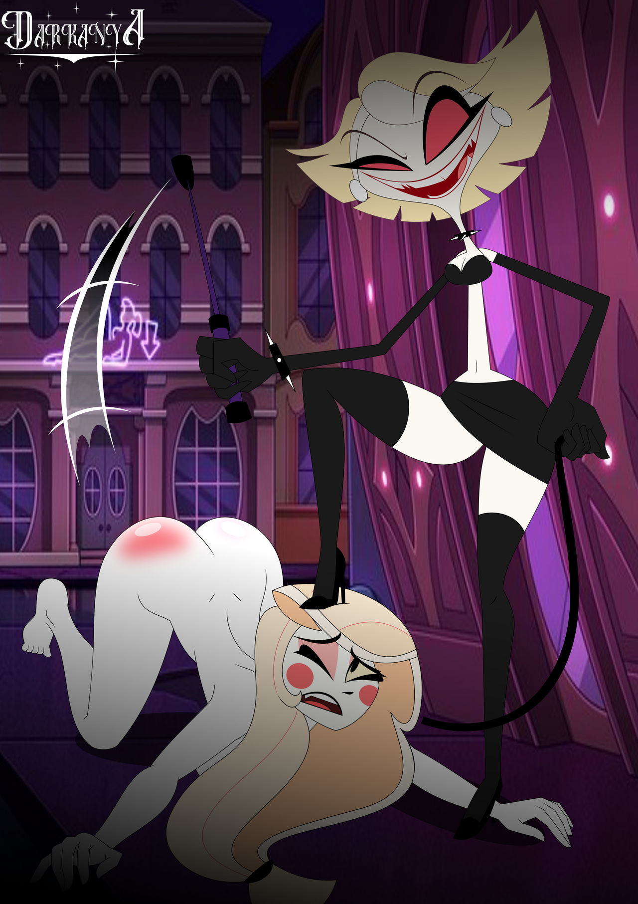 2girls, age difference, all fours, amazon prime, ass, bedroom eyes, belt, big ass, big breasts, blonde female, bondage, bondage gear, bondage outfit, breasts, charlie morningstar (hazbin hotel), clothed female nude female, collar, completely nude, darkdpx3, demon, demons, dominatrix, dubious consent, elbow gloves, evil grin, face down ass up, female, female only, femdom, femsub, full body, happy dom, hazbin hotel, high heels, holding whip, humiliation, katie killjoy, leash, leash and collar, leash pull, leashed, lezdom, looking at partner, multiple females, multiple girls, naked, naked female, nude, nude female, pain, riding crop, skirt, slave, smooth skin, spank marks, spanked, spanking, spiked bracelet, spiked collar, spikes, spindlehorse toons, thighhighs, torture, whip, wooden horse, yuri