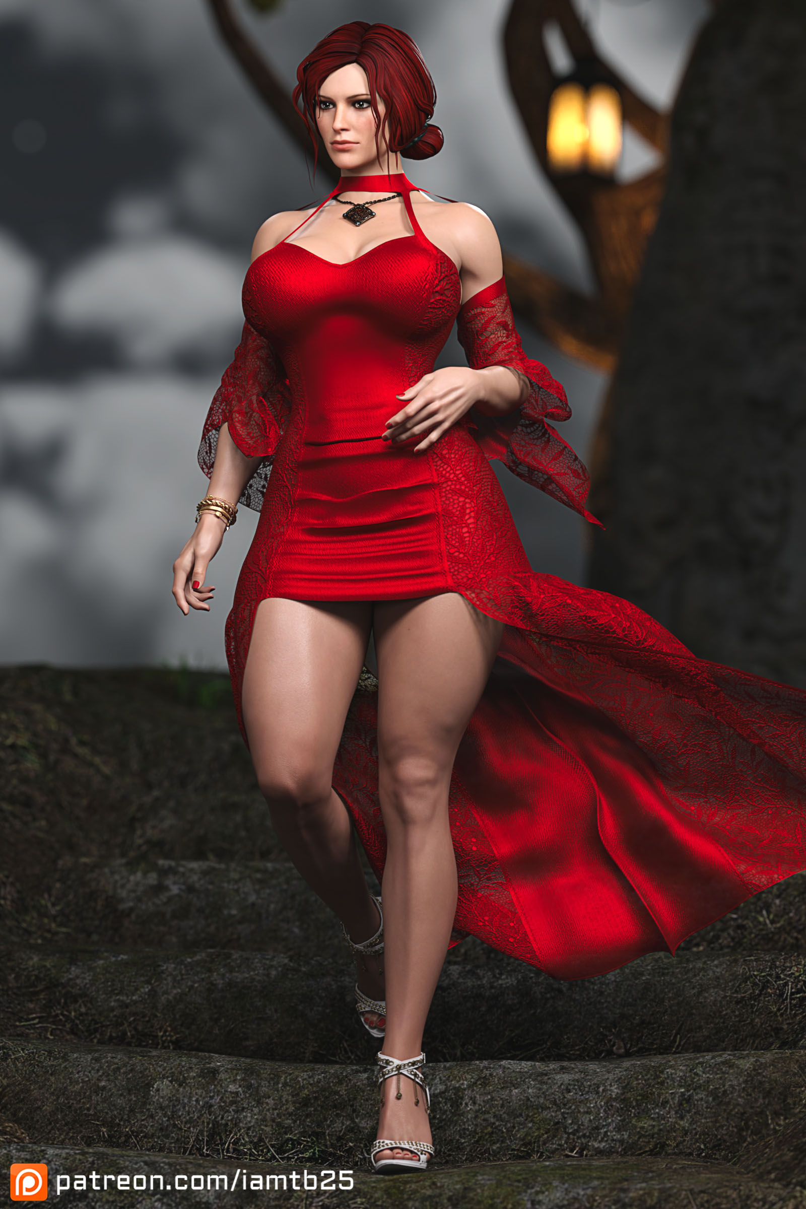 1girls, 3d, big breasts, breasts, dress, female, patreon username, red hair, solo, tb25, the witcher (series), the witcher 3: wild hunt, thick thighs, triss merigold, wide hips