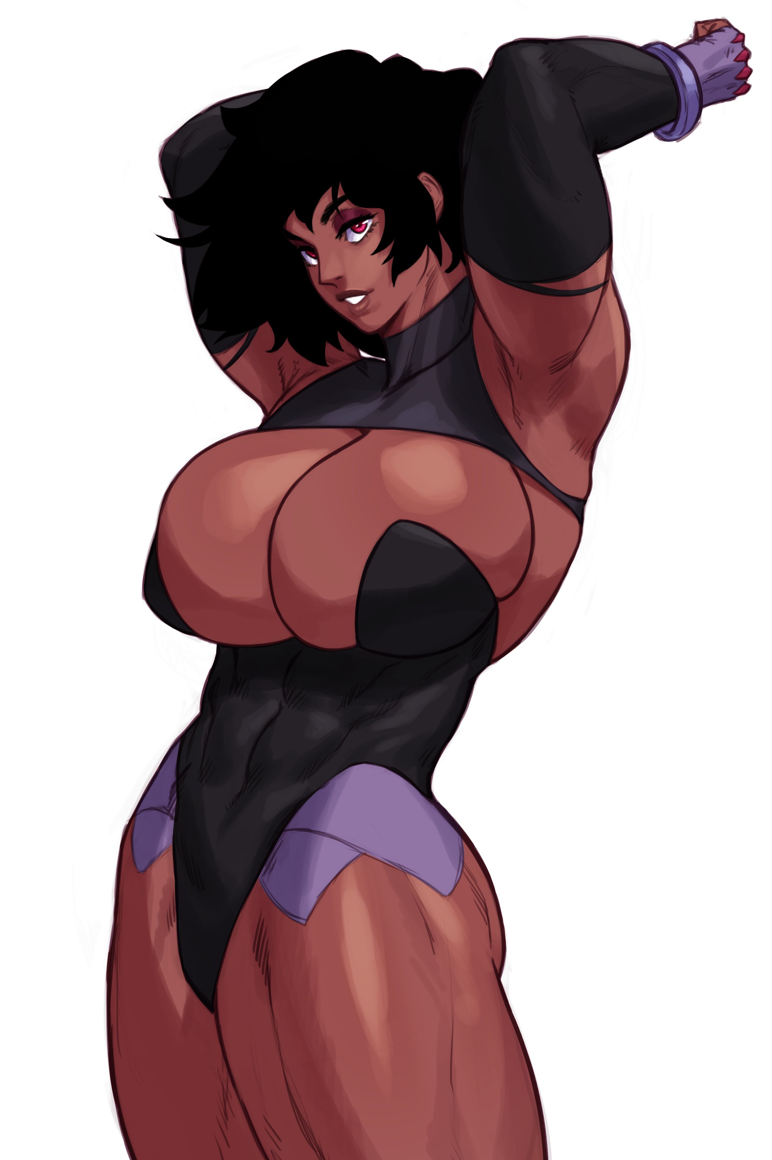 1girls, arm gloves, arms up, black hair, breasts, dark skin, dark-skinned female, female, female only, gift art, huge breasts, looking at viewer, muscular, muscular female, muscular thighs, narrowed eyes, red eyes, side view, solo, solo female, sotcho, very high resolution, white background
