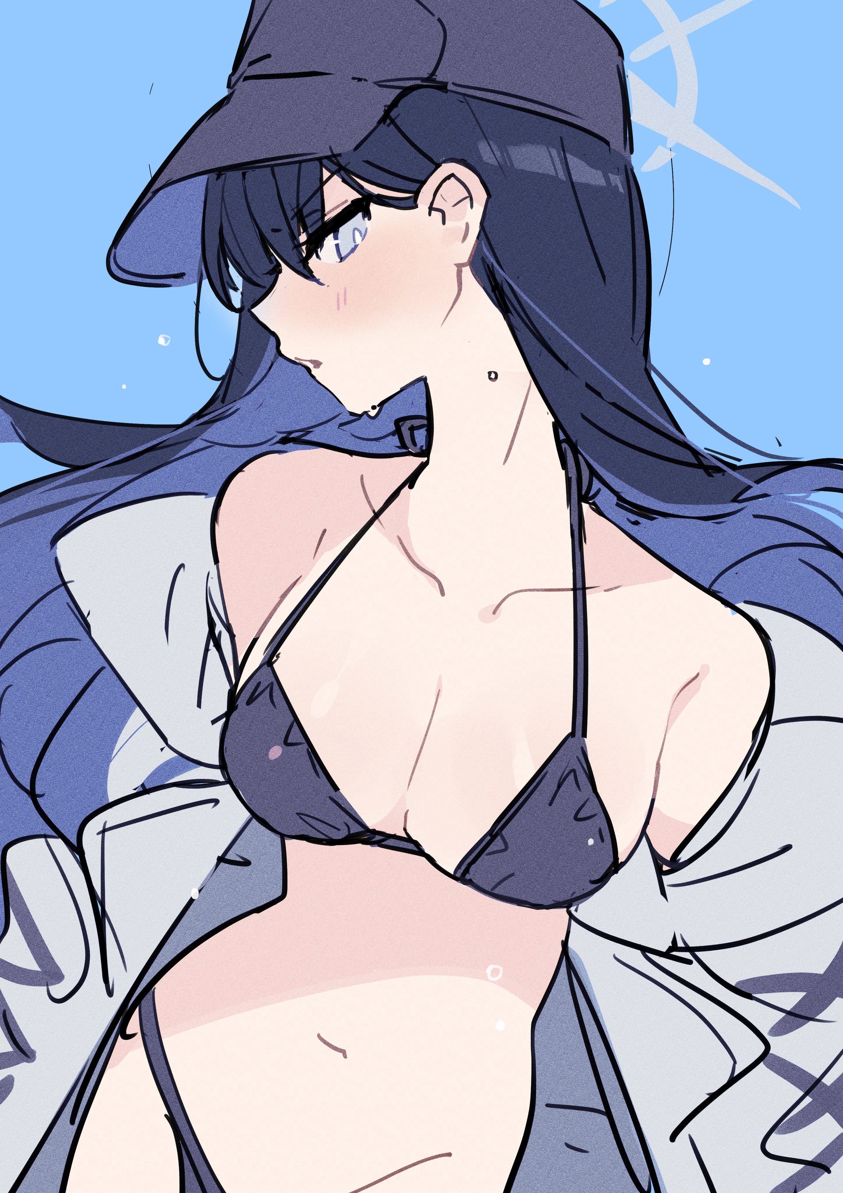 absurdres, arius satellite school student, arius squad (blue archive), bangs, bikini, black bikini, black hair, black headwear, blue archive, blue background, blue hair, blush, breasts, coat, female, hair between eyes, halo, hat, highres, long hair, long sleeves, medium breasts, multicolored hair, open clothes, open coat, parted lips, saori (blue archive), simple background, solo, swimsuit, two-tone hair, wet hair, ymm007xx