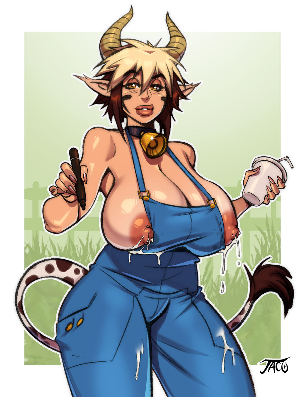 1girls amber_eyes animal_ears animal_tail bell_collar blonde_female blonde_hair bovine brown_hair cathyl_(monster_musume) clothing cow_ears cow_girl cow_horns cow_tail farmer farmgirl hucow huge_breasts iacolare jacogram lactating lactation large_breasts messy_hair minotaur minotaur_female minotaur_girl monster_girl monster_musume_no_iru_nichijou multicolored_hair naked_overalls no_bra overalls