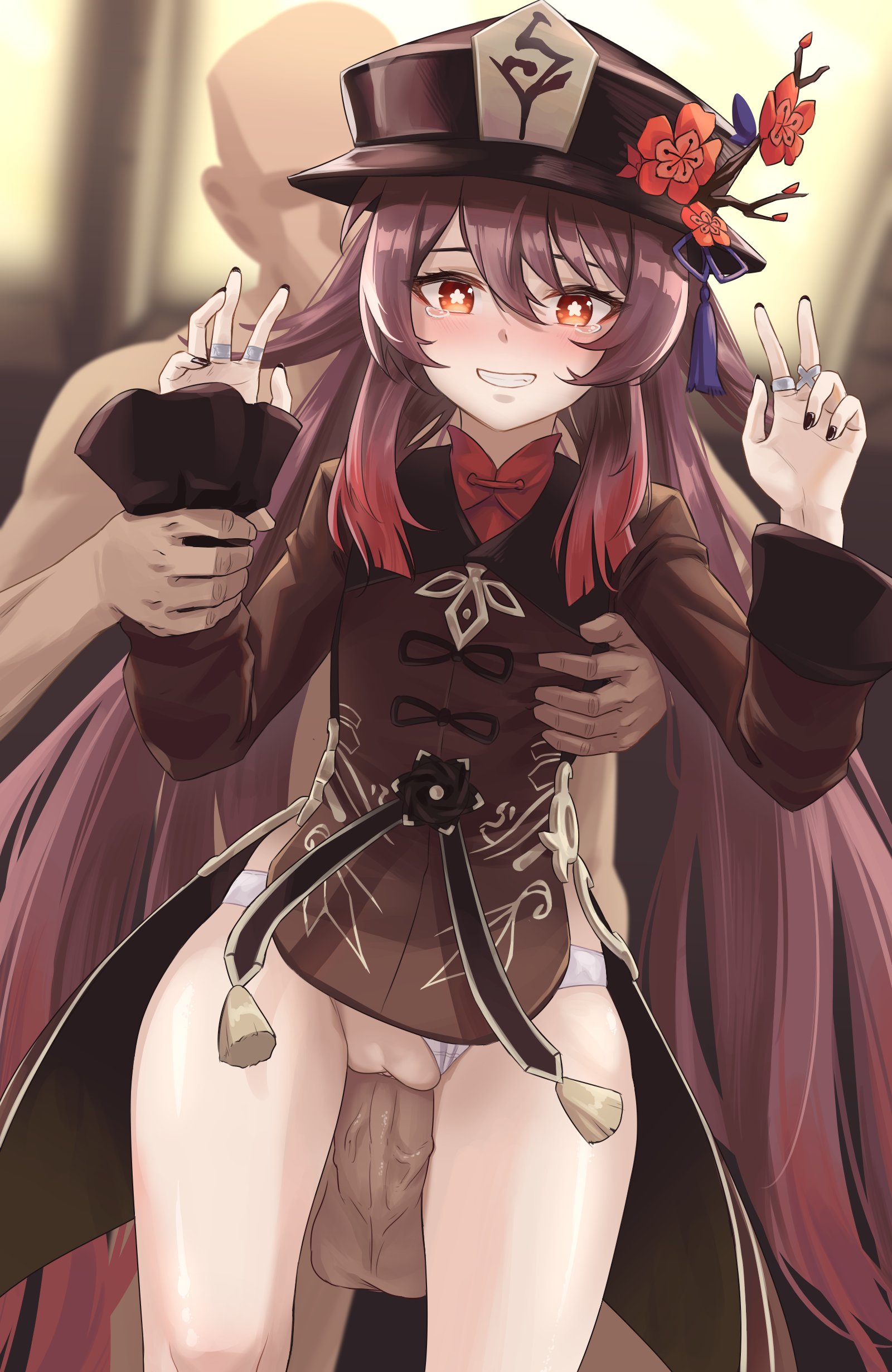 1boy, 1girls, balls, big penis, blush, breast grab, breasts, brown hair, dark skin, dark-skinned male, female, genshin impact, groping, hat, hi res, highres, hop cop, hu tao (genshin impact), looking at viewer, male, panties, panties aside, penetration, penis, pussy, red eyes, sex, smile, standing sex, testicles, twintails, uncensored, vaginal, vaginal penetration, vaginal sex